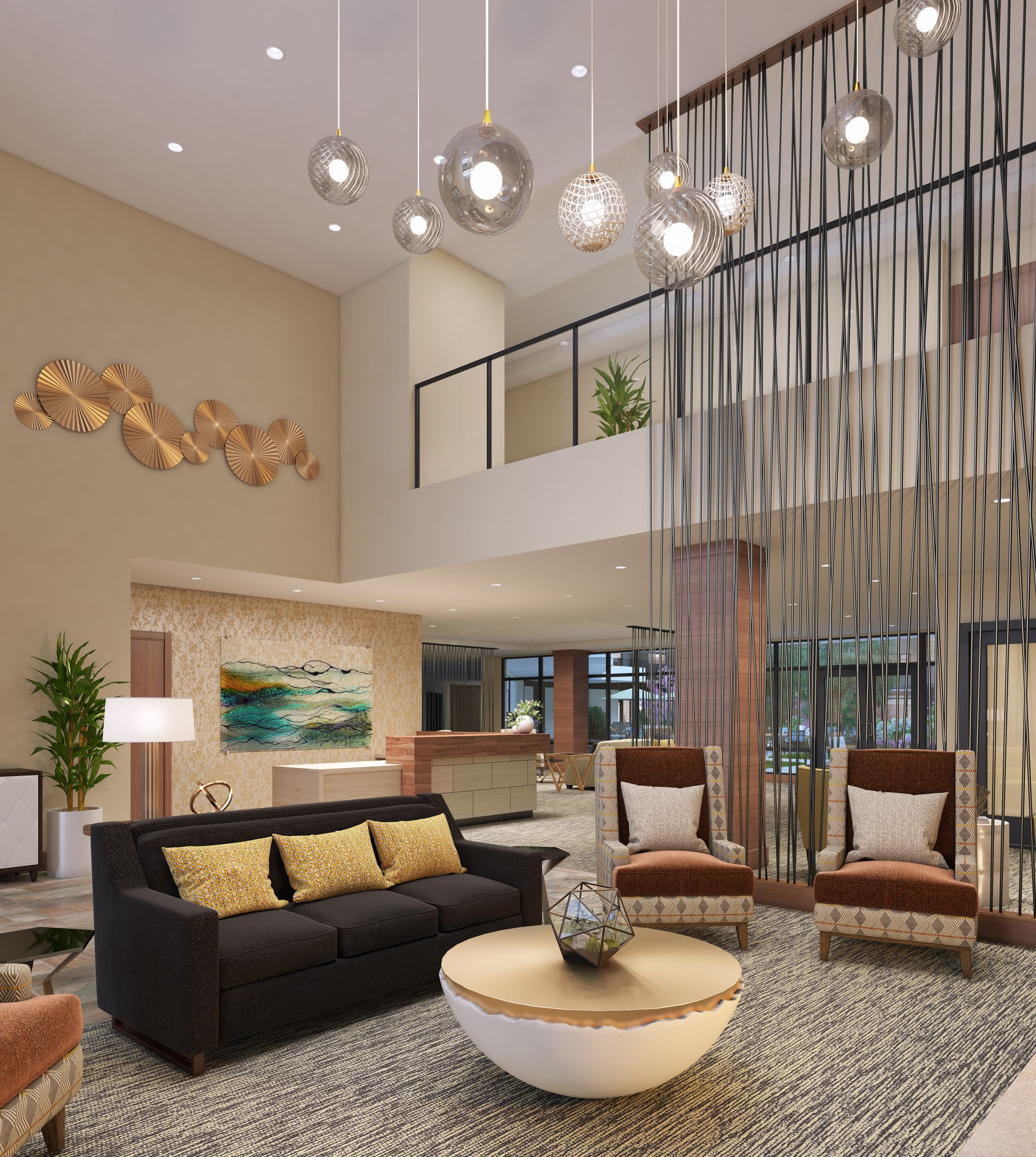 The Springs at Lake Oswego main lobby and reception interior architectural rendering by Bogza.com. A bright, double-height entrance space featuring a welcoming concierge desk, a comfortable lounge with a modern coffee table, suspended glass globe lights, and a unique vertical string curtain room divider.
