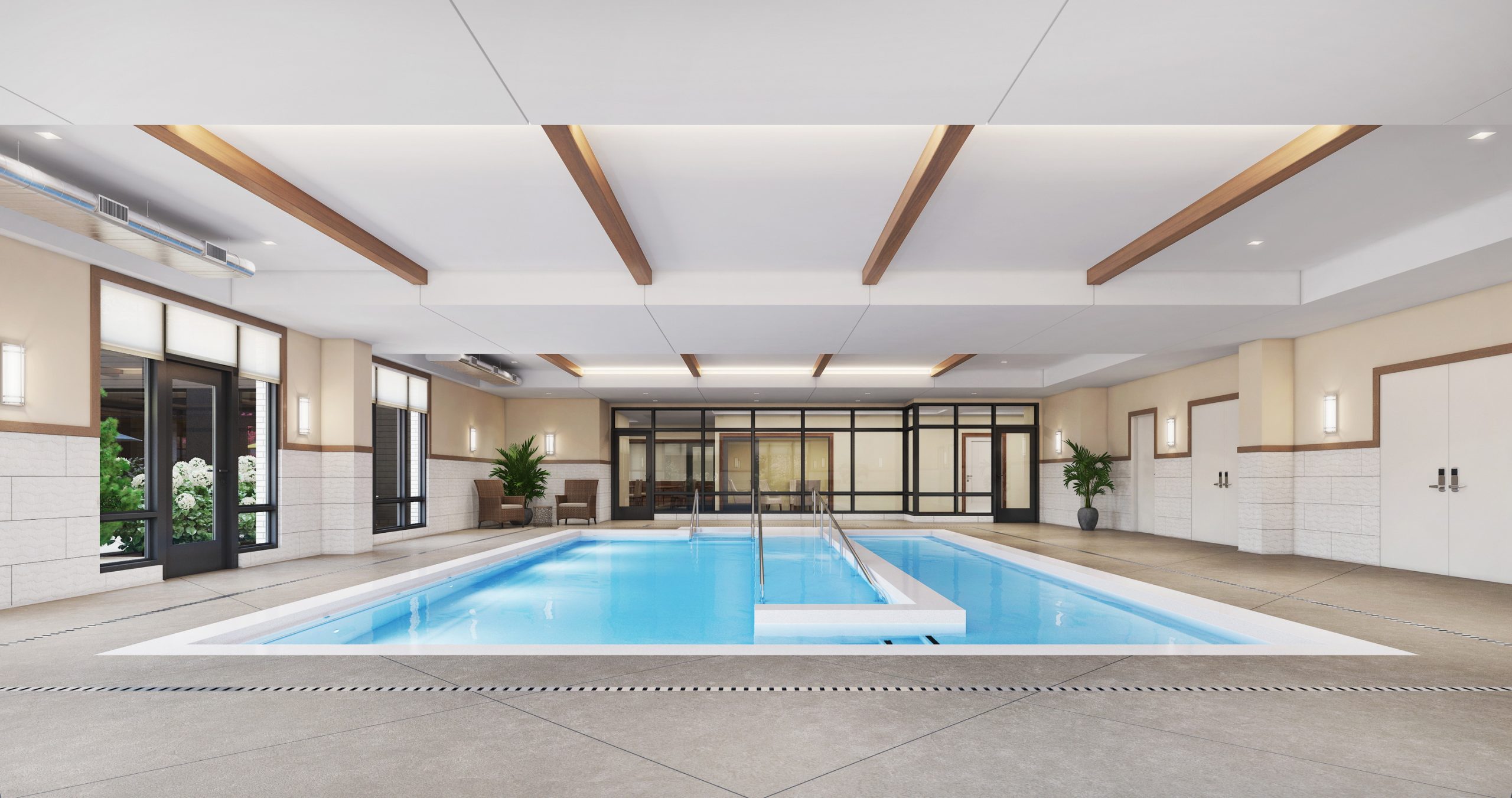 The Springs at Lake Oswego indoor pool and spa amenity interior rendering by Bogza.com. A bright, contemporary wellness space featuring a heated indoor swimming pool and Jacuzzi, modern lounge seating, natural stone wall accents, and large windows providing abundant daylight.