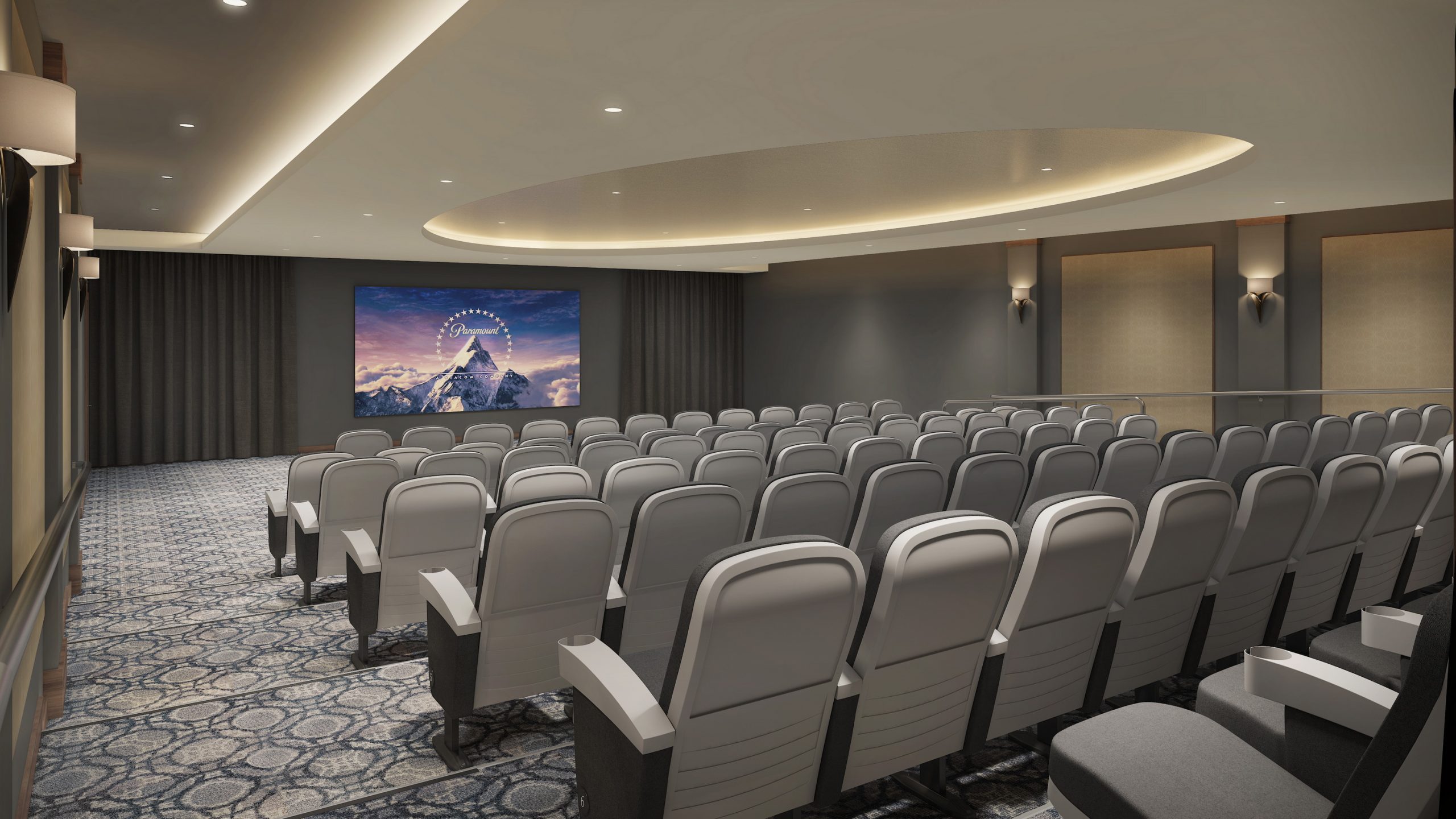 The Springs at Lake Oswego movie theater interior architectural rendering by Bogza.com. A luxurious 100-person cinema amenity space at the senior living community, featuring tiered stadium seating with plush grey chairs, a large projection screen, and elegant ambient lighting.