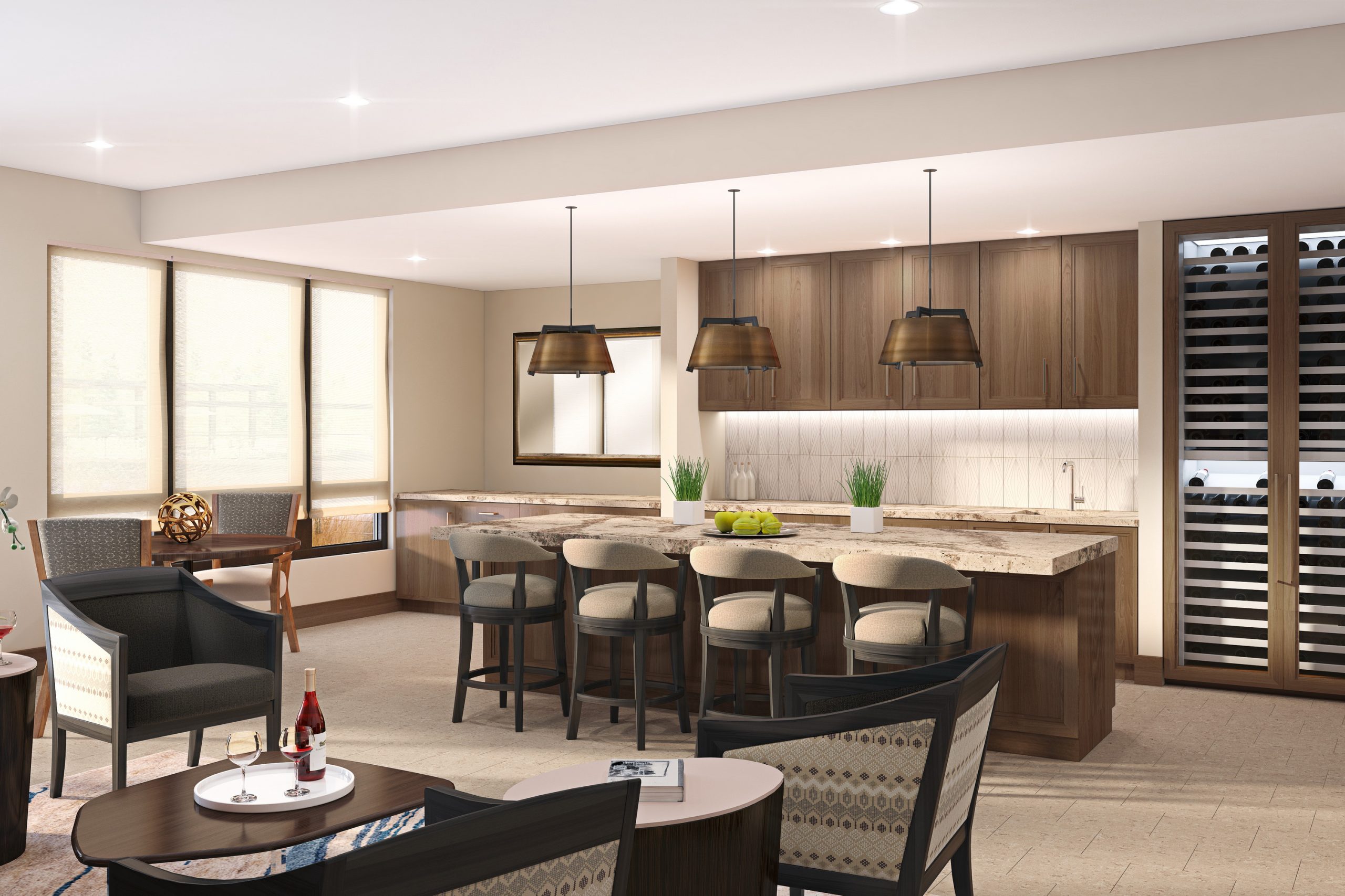 The Springs at Lake Oswego wine tasting room and bar interior rendering by Bogza.com. An elegant social amenity space showcasing a massive temperature-controlled glass wine vault, a large marble island with bar seating, warm walnut wood cabinetry, and modern lounge chairs.