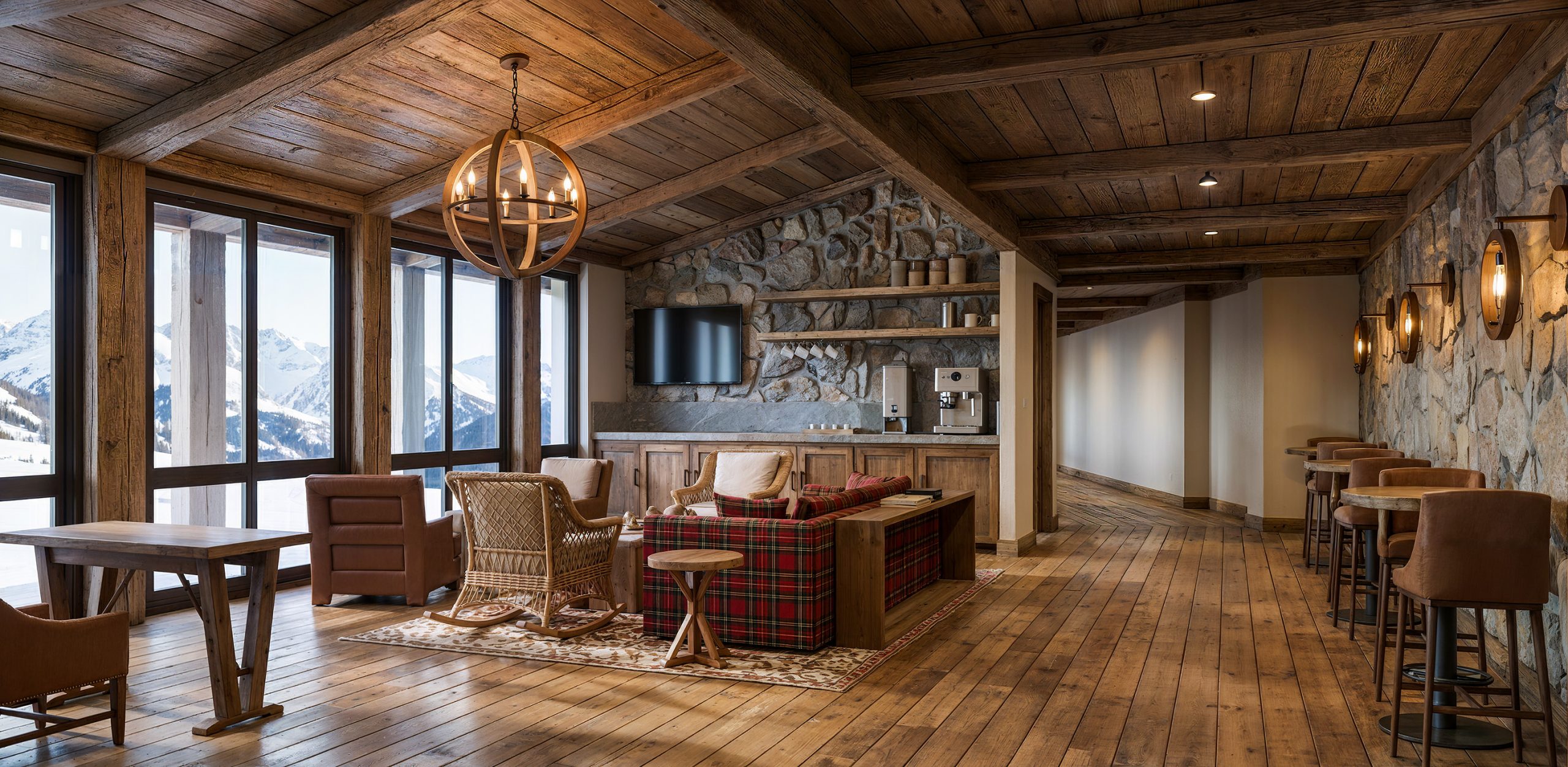 Sage Lodge luxury resort lounge interior rendering by Bogza.com. A cozy communal seating area featuring a rustic stone accent wall, a warm wood-beamed ceiling, a classic red plaid sofa, wicker rocking chairs, and large windows looking out to the snow-covered Montana landscape.