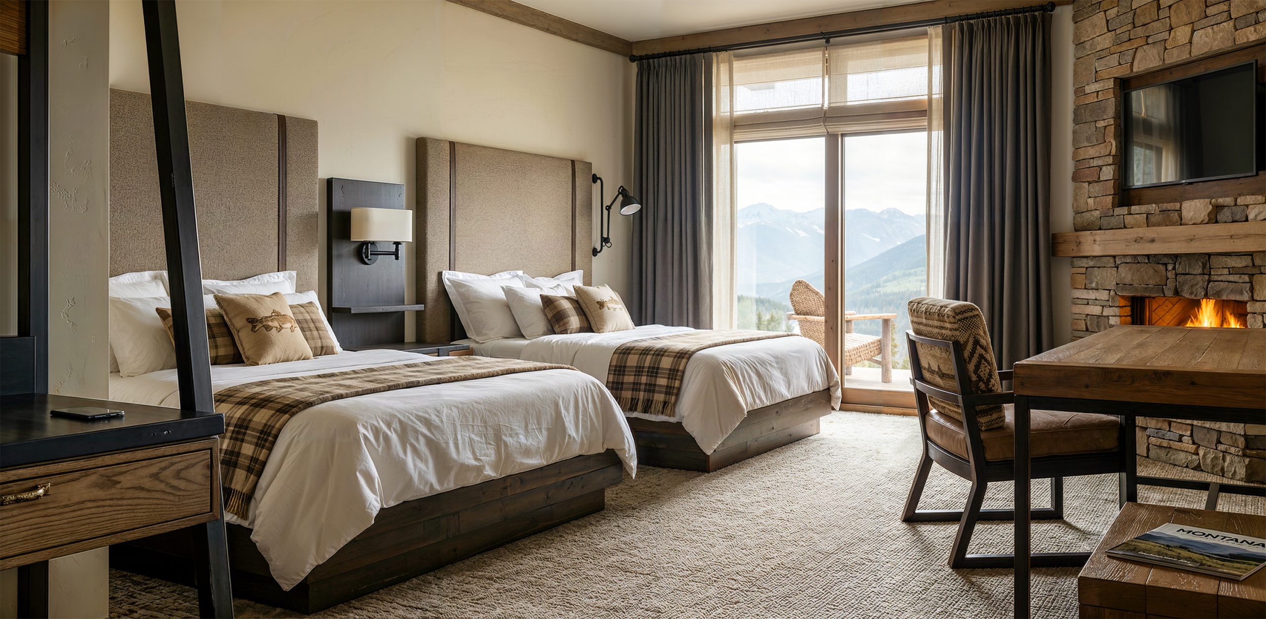 Sage Lodge luxury guest room interior rendering by Bogza.com. A bright, contemporary resort bedroom featuring a wood-burning fireplace, a desk area, two comfortable beds, and a private balcony overlooking the majestic mountain range.