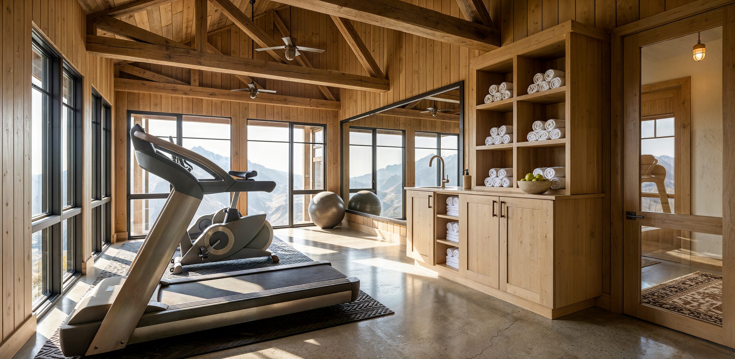 Sage Lodge luxury spa and fitness center interior rendering by Bogza.com. A bright, modern gym amenity featuring warm wood-paneled walls, vaulted ceilings, a treadmill, an exercise bike, and large windows showcasing expansive mountain views.