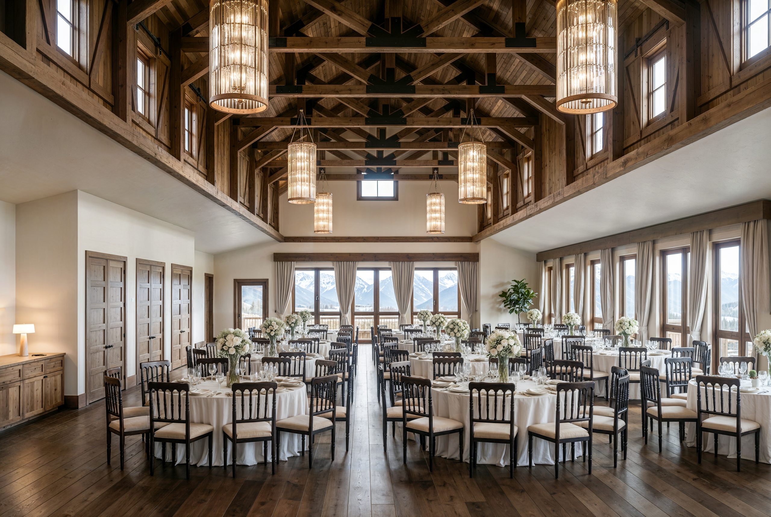 Sage Lodge private event space and banquet room interior rendering by Bogza.com. A sophisticated gathering space in the Yellowstone Room featuring a high vaulted timber ceiling, elegant crystal chandeliers, round dining tables set with white linens, and large windows with Paradise Valley views.