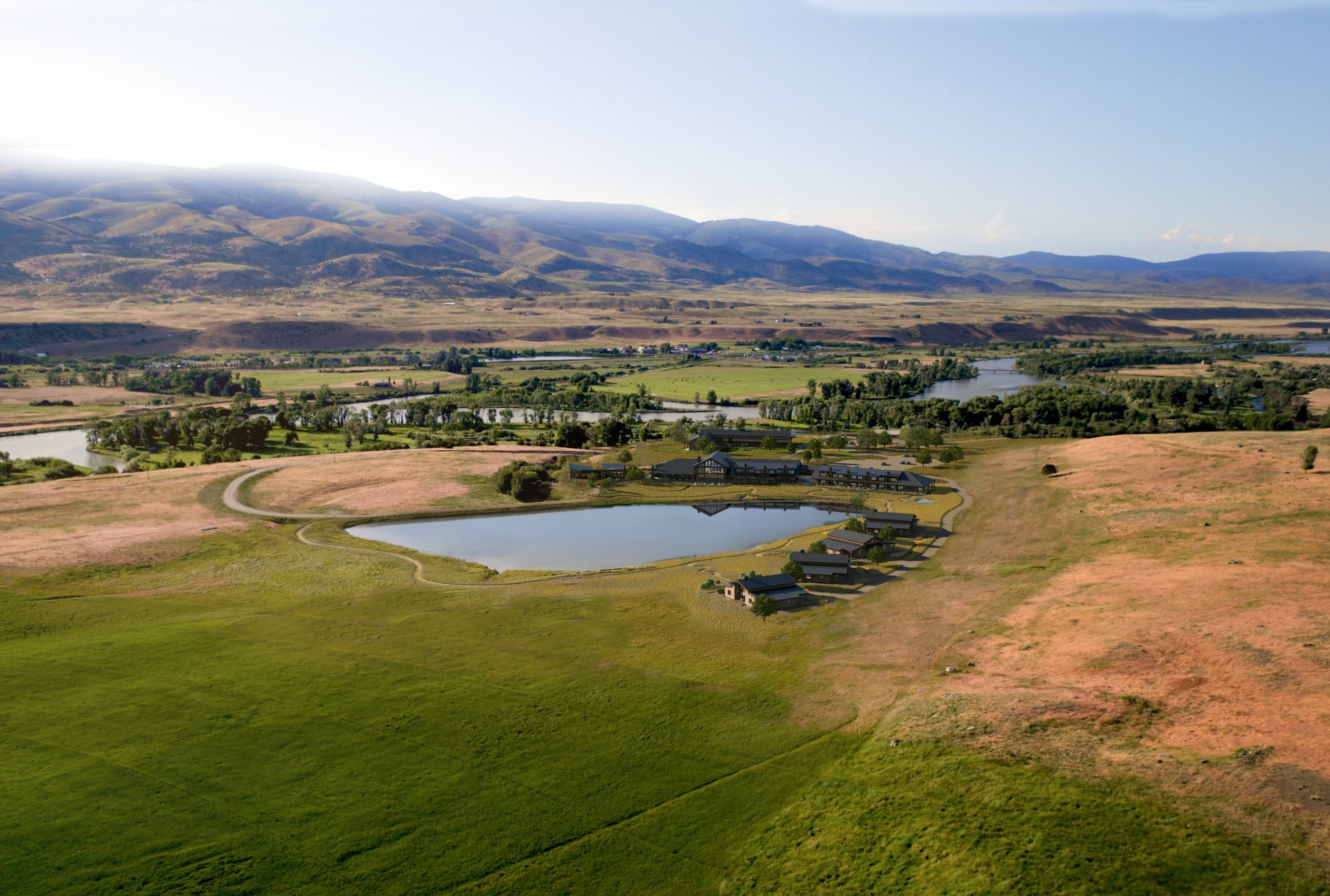 Sage Lodge Montana luxury resort aerial rendering by Bogza.com. An elevated view of the sprawling retreat in Paradise Valley, showcasing the main lodge, standalone Ranch Houses, a large reflective casting pond, and the surrounding rugged mountain terrain.