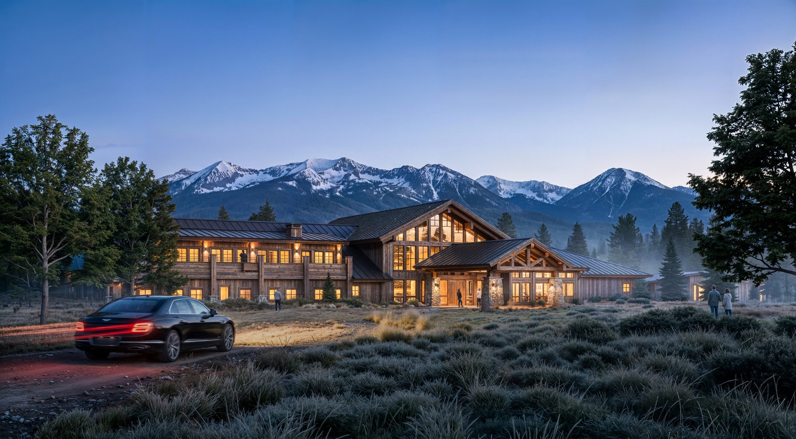 Sage Lodge Yellowstone luxury resort entrance rendering by Bogza.com. A dusk arrival view of the hotel's main entrance, showcasing its modern-rustic timber architecture, a grand stone porte-cochere, a luxury car pulling in, and towering mountain peaks.