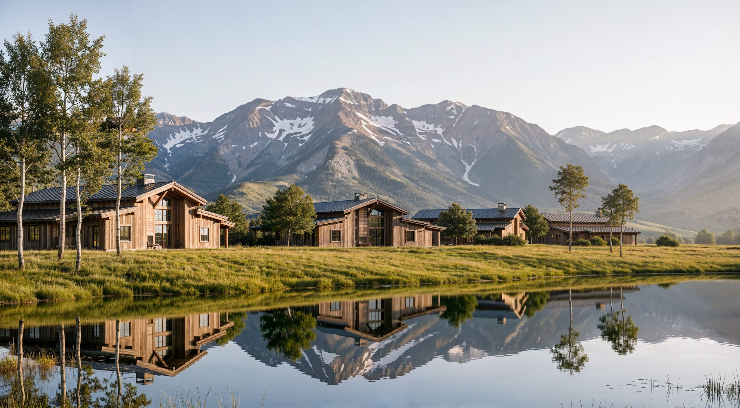 Sage Lodge Montana Ranch Houses exterior architectural rendering by Bogza.com. A bright daytime view of the property's standalone luxury cabins reflecting in the tranquil casting pond, surrounded by lush green grass and towering mountain ranges.