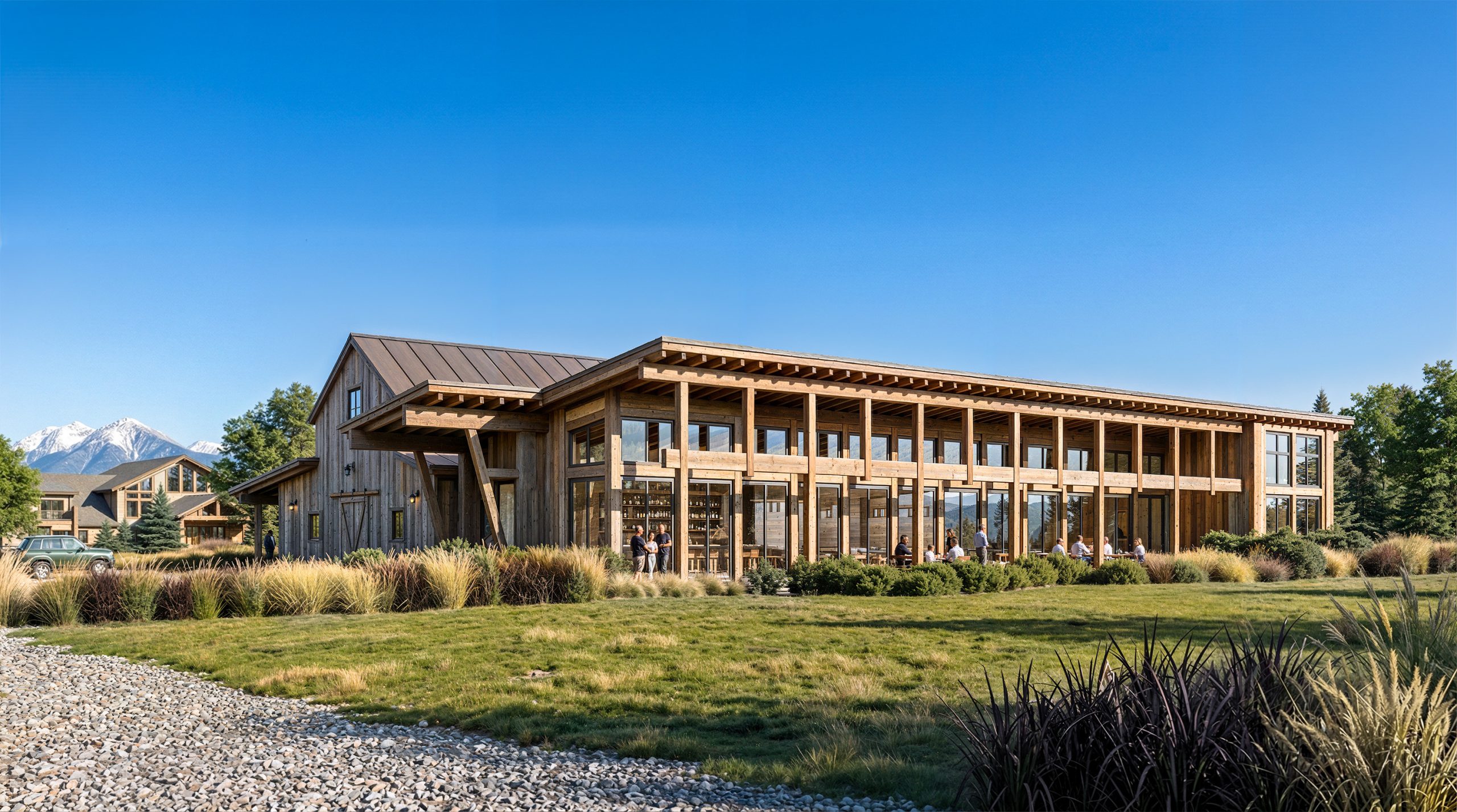 Sage Lodge The Grill restaurant exterior rendering by Bogza.com. A daytime view of the luxury resort's dining venue in Paradise Valley, showcasing a large timber-framed covered porch, expansive floor-to-ceiling glass windows, and guests enjoying the outdoors.