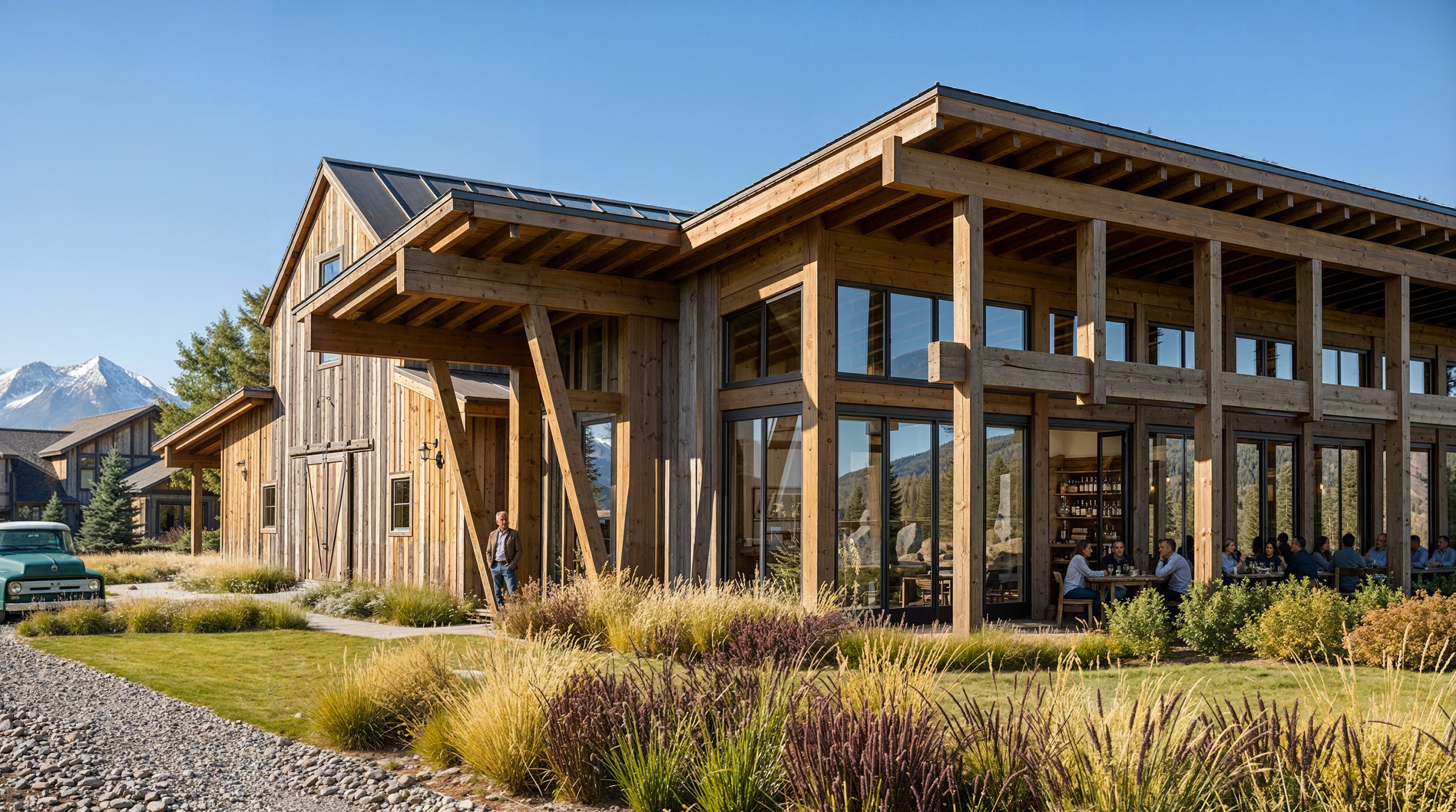 Sage Lodge Montana restaurant patio architectural rendering by Bogza.com. A close-up outdoor view of guests dining on the patio of The Grill, highlighting the modern-rustic wood siding, heavy timber columns, native landscaping, and a classic vintage truck.