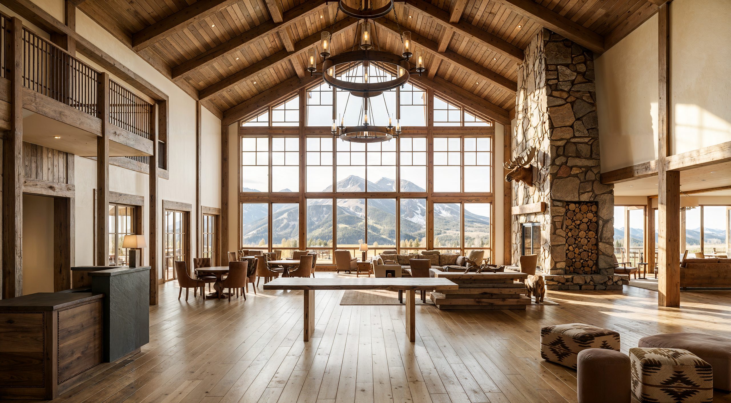 Sage Lodge luxury lobby and Yellowstone Room interior rendering by Bogza.com. A grand, double-height communal space featuring a towering stone fireplace, massive timber beams, classic chandeliers, and floor-to-ceiling windows framing stunning views of Emigrant Peak.