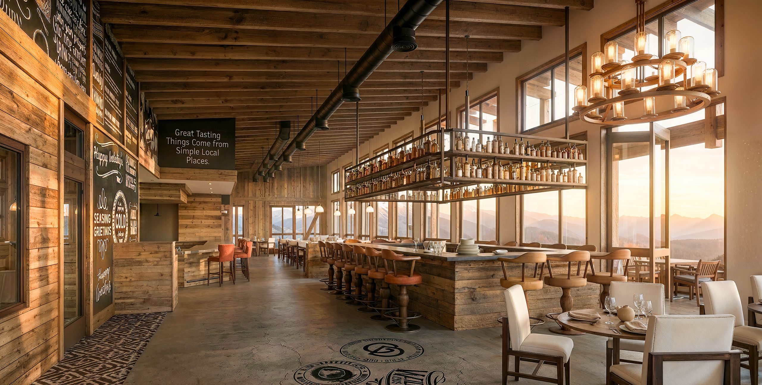 Sage Lodge The Fireside Room bar interior architectural rendering by Bogza.com. A warm, inviting restaurant and lounge space featuring a custom suspended liquor display, a long wooden bar with leather stools, rustic wood-paneled walls, and sweeping sunset views of Paradise Valley.