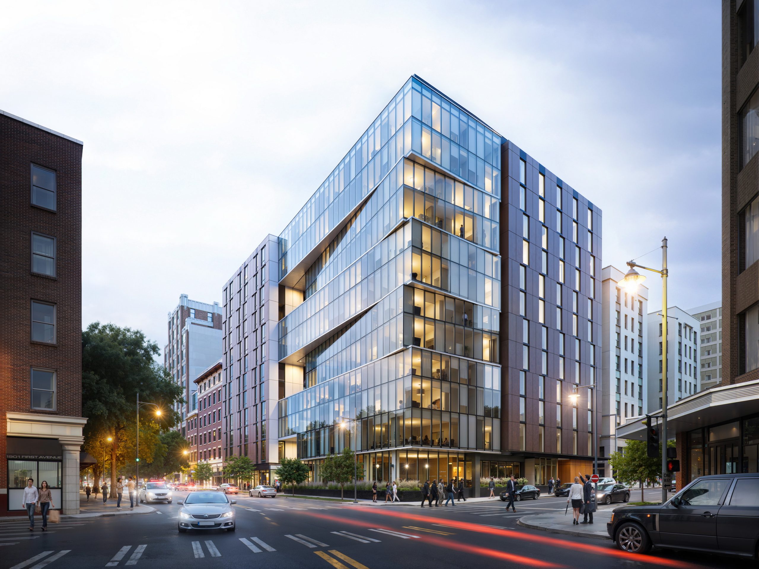 Thompson Seattle Hotel architectural exterior rendering by Bogza.com. A twilight street-level view at the intersection of 1st Avenue and Stewart Street, showcasing the 12-story luxury boutique hotel's distinctive geometric shifting glass lantern facade designed by Olson Kundig.