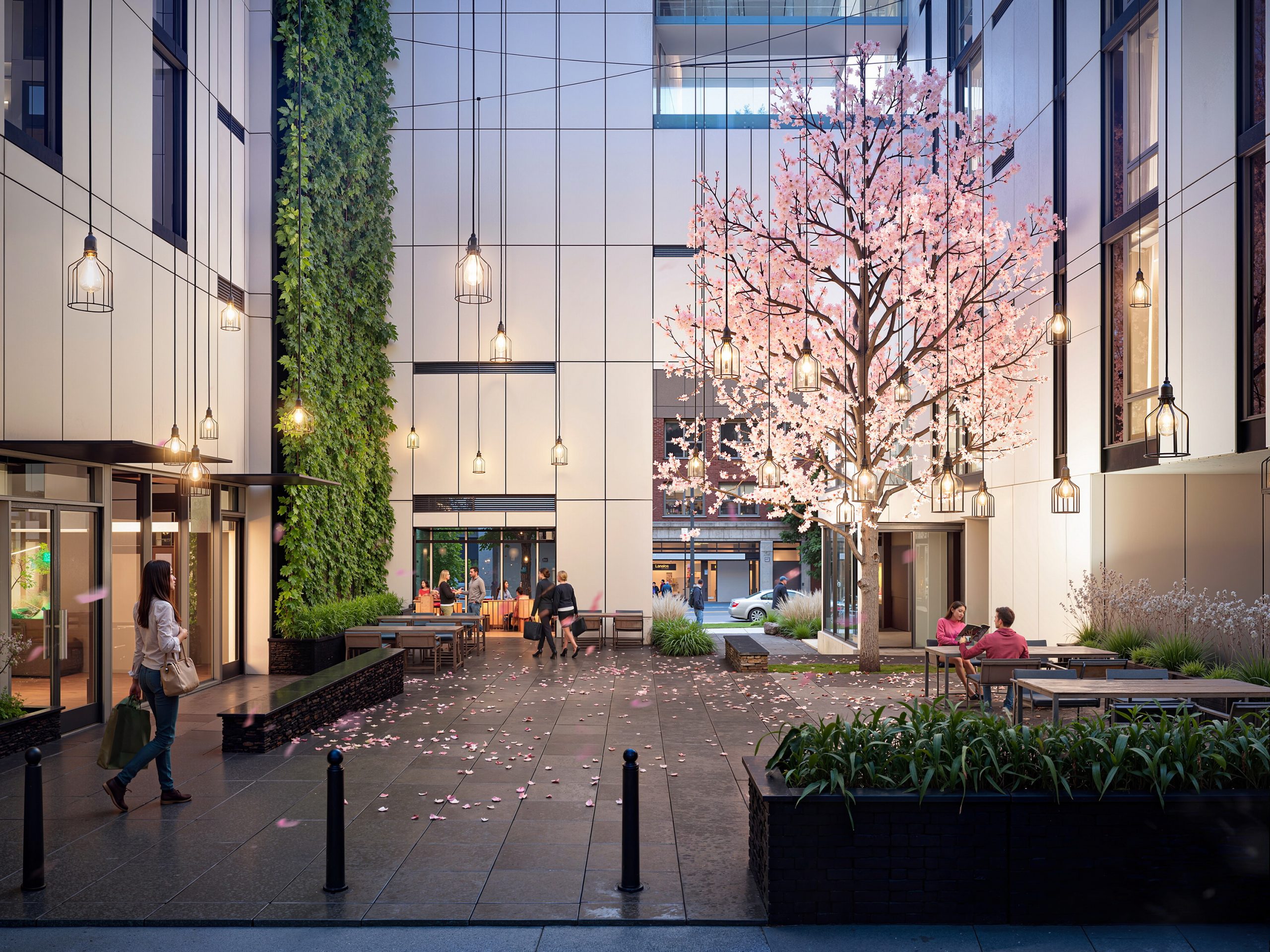 Thompson Seattle Hotel interior courtyard architectural rendering by Bogza.com. A tranquil, semi-public outdoor gathering space featuring a vibrant pink cherry blossom tree, glowing hanging pendant lights, a lush green living wall, and comfortable seating.