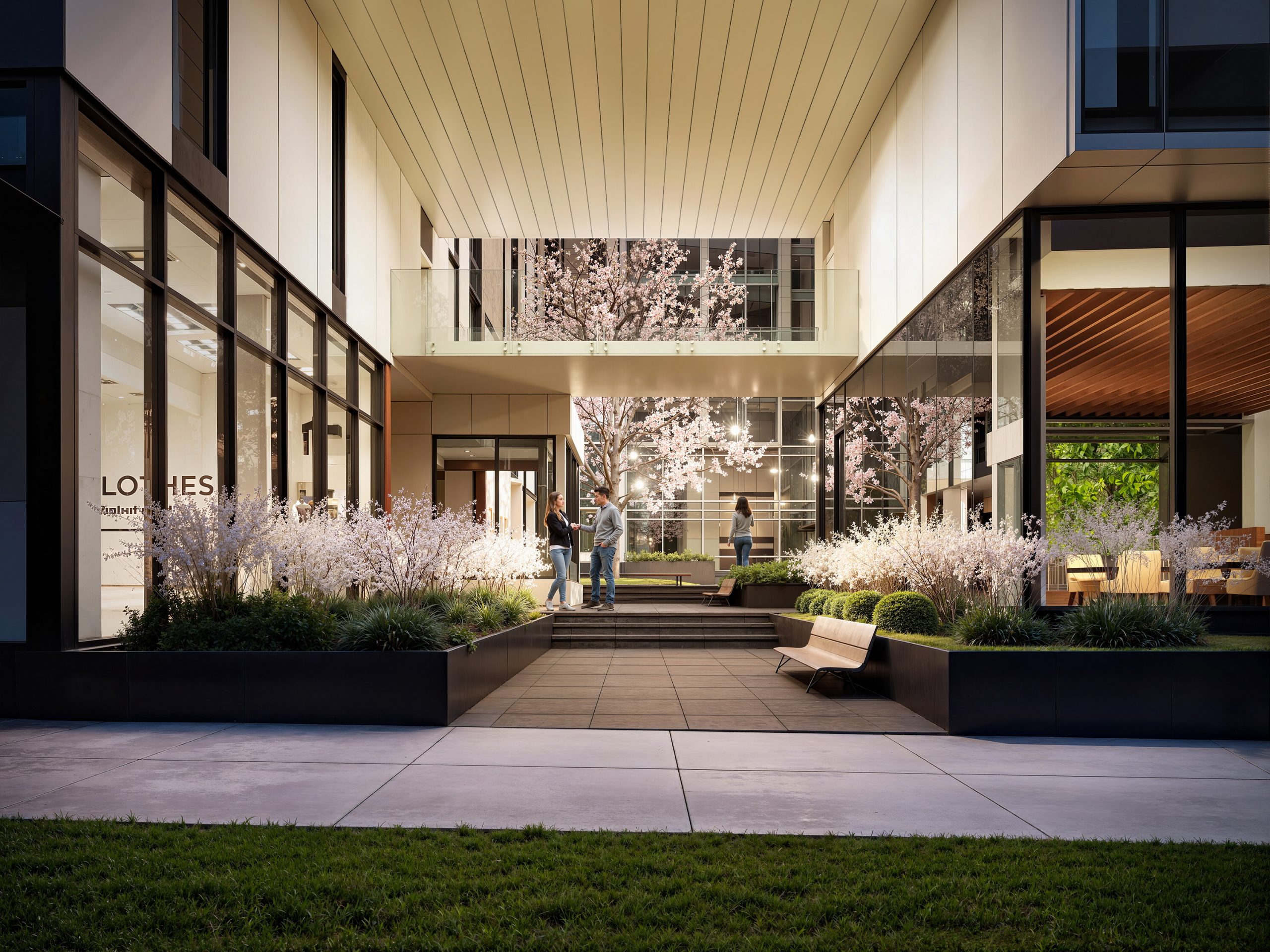 Thompson Seattle Hotel pedestrian courtyard entrance rendering by Bogza.com. A twilight view highlighting the open-air pathway connecting the street to the building's inner courtyard, showcasing glass storefronts, modern landscaping, a cherry blossom tree, and pedestrian activity.
