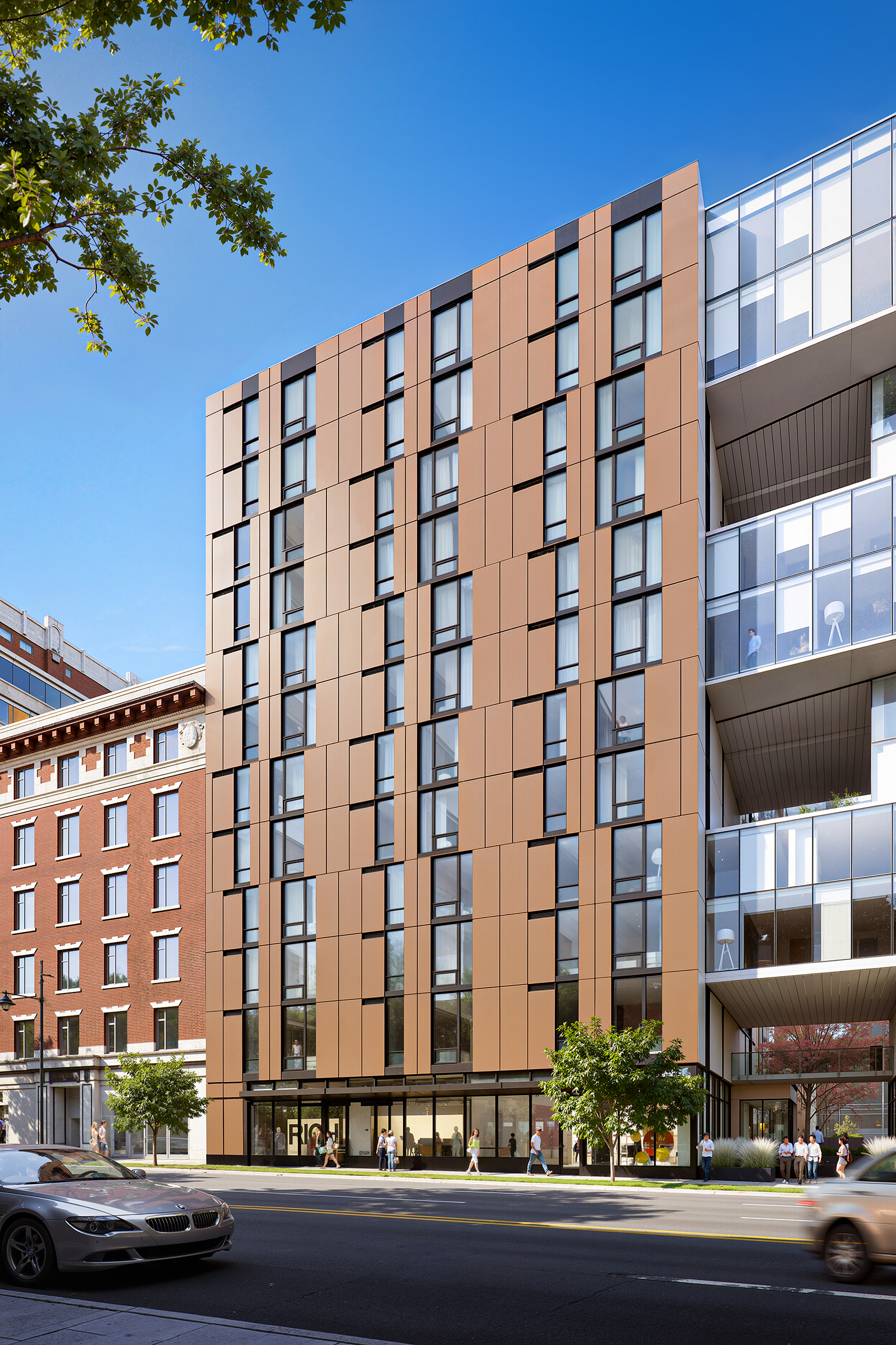 Thompson Seattle Hotel Sequel Apartments exterior architectural rendering by Bogza.com. A daytime street-level view of the mixed-use development's residential wing, featuring a flat facade with brown and dark panels, tall windows, and a glass skybridge connecting to the main hotel tower.