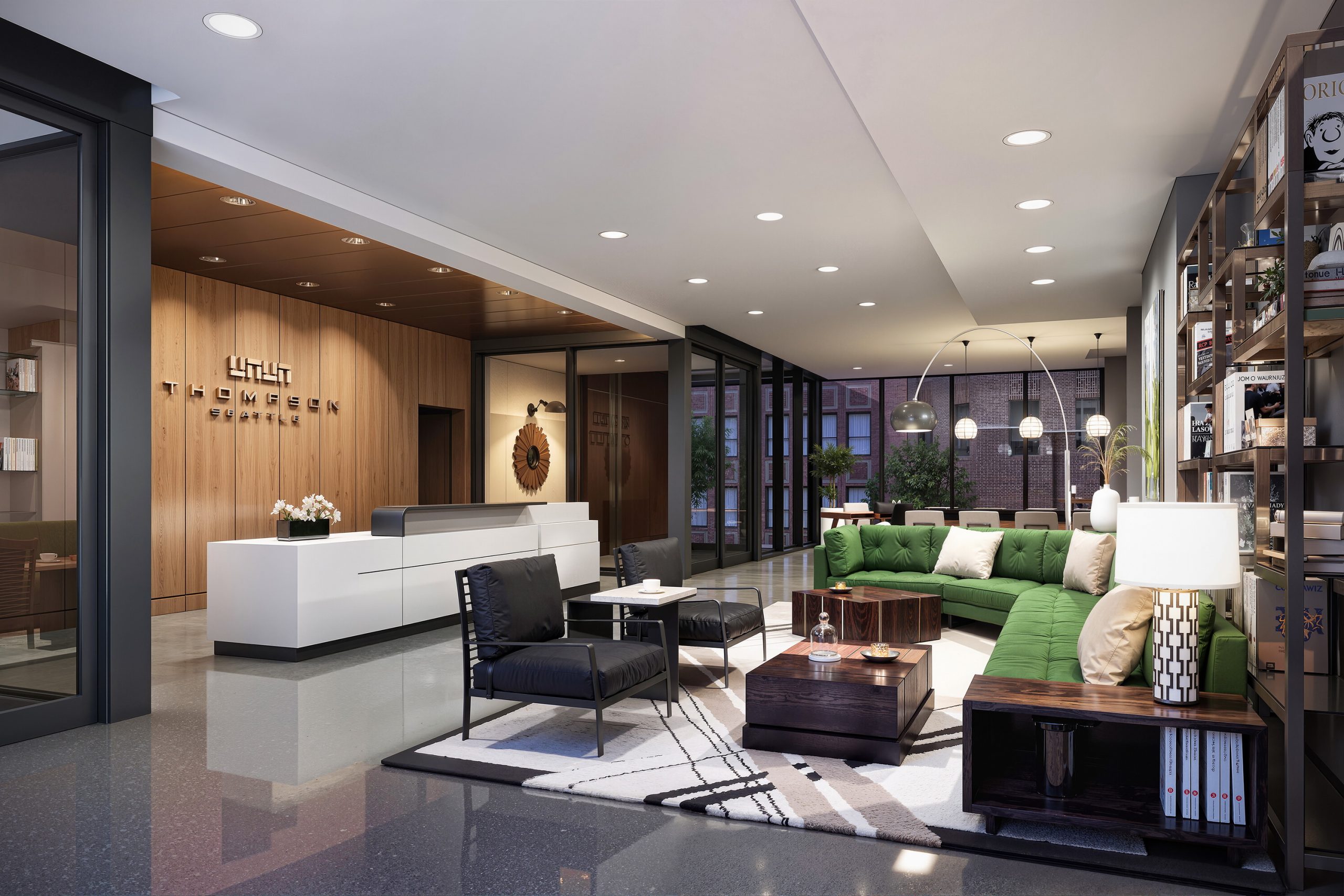 Thompson Seattle Hotel luxury lobby interior architectural rendering by Bogza.com. A warm, mid-century modern inspired reception and lounge space, showcasing a sleek white concierge desk, warm wood paneling, a distinctive green tufted sofa, and exposed concrete flooring.