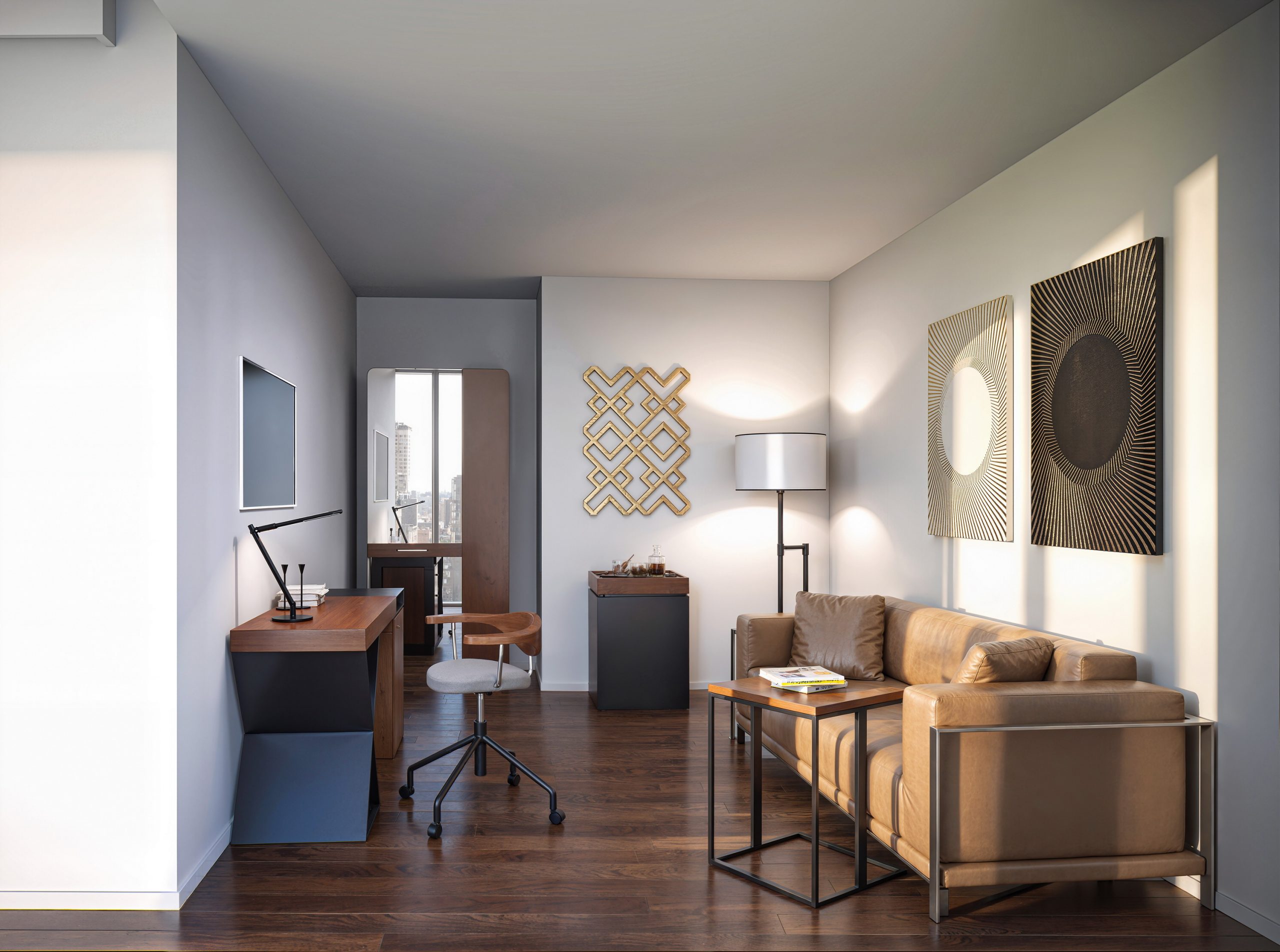 Thompson Seattle Hotel guest suite living room interior rendering by Bogza.com. A stylish, mid-century modern inspired hotel lounge area featuring warm wood flooring, a sleek leather sofa, modern art pieces, a dedicated workspace desk, and elegant ambient lighting.