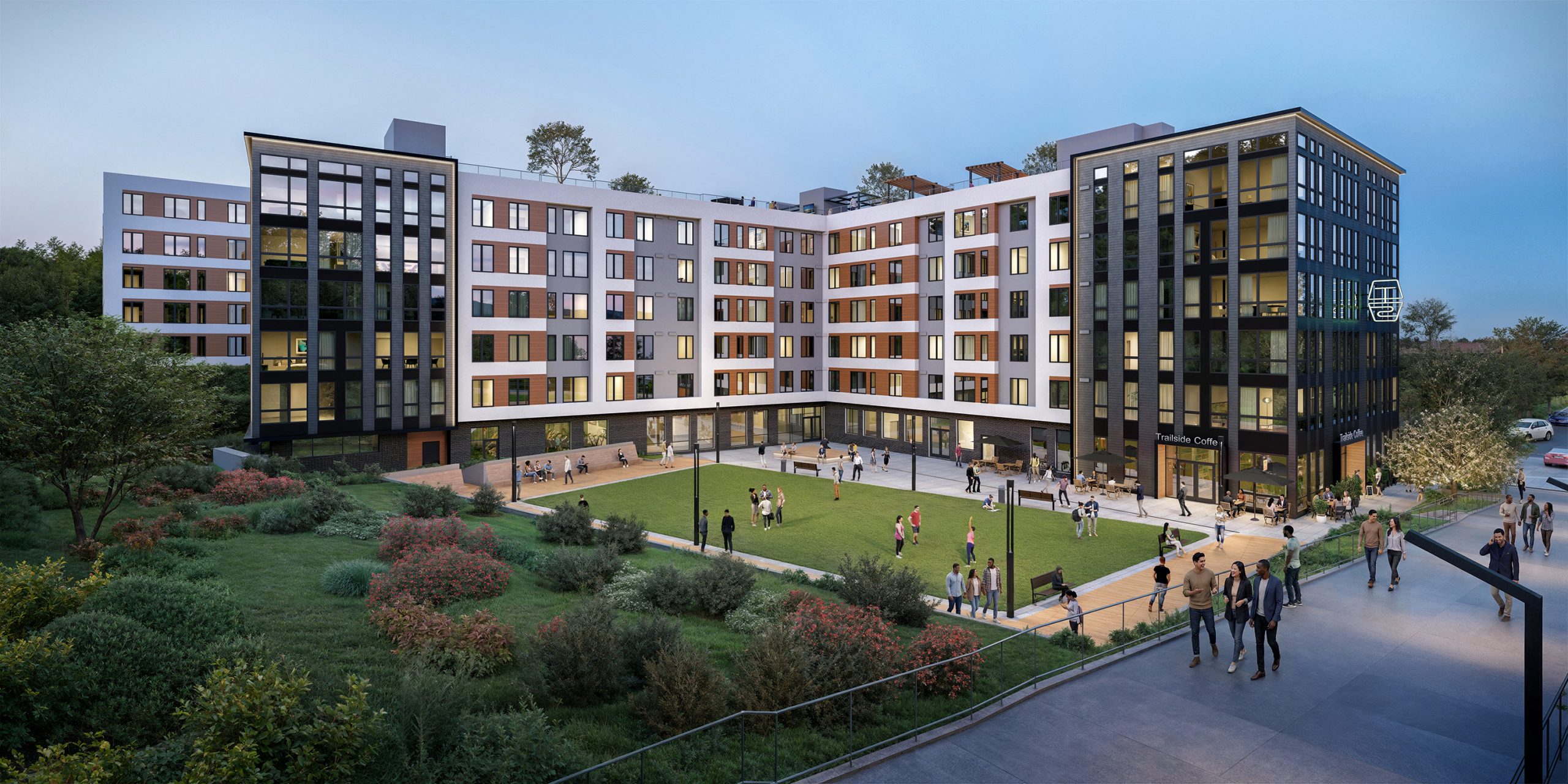Trailside Student Living Seattle plaza exterior architectural rendering by Bogza.com. A twilight view highlighting the massive student housing complex and its central lawn and gathering space, viewed from the adjacent Burke-Gilman Trail where pedestrians are walking and biking.