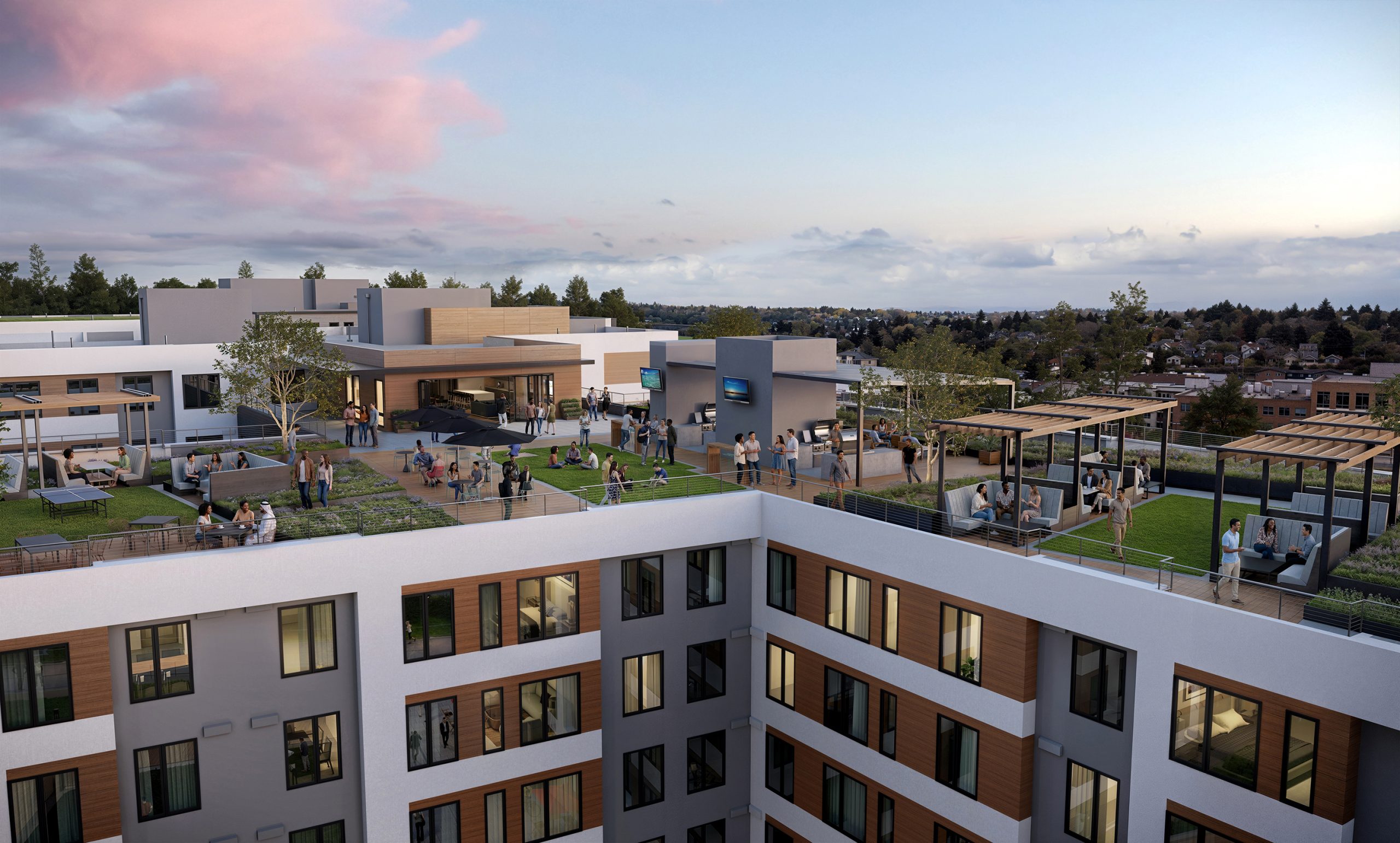 Trailside Student Living Seattle rooftop deck architectural rendering by Bogza.com. A stunning sunset view of the expansive outdoor sky deck, featuring modern wooden pergolas, comfortable lounge seating, ping pong tables, BBQ grills, and sweeping views of the surrounding neighborhood.