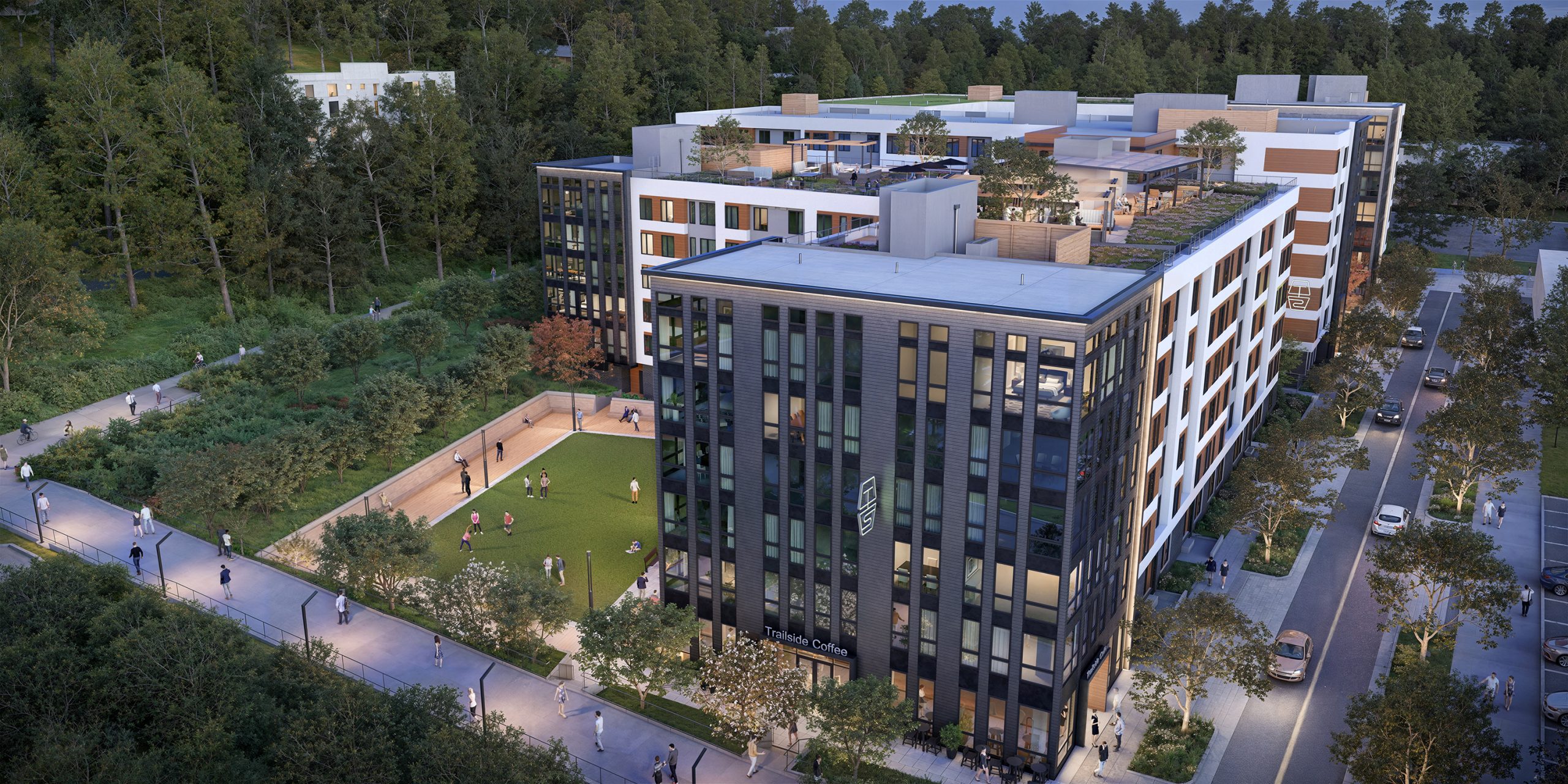 Trailside Student Living Seattle aerial architectural rendering by Bogza.com. A high-angle dusk view overlooking the modern 7-story student apartment building near the University of Washington, showcasing the central courtyard, rooftop amenities, and the adjacent wooded Burke-Gilman Trail.