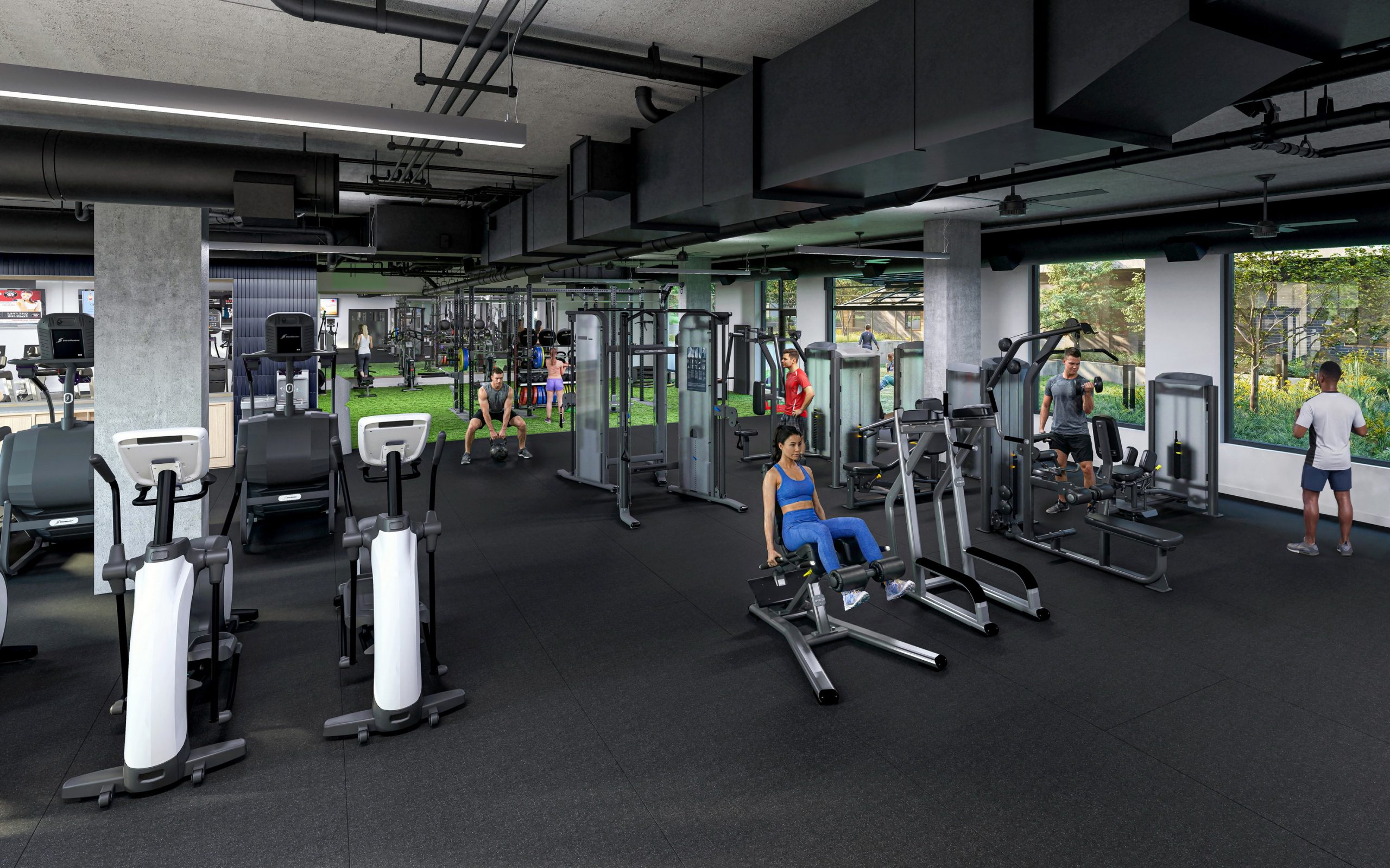 Trailside Student Living Seattle fitness center interior rendering by Bogza.com. A spacious, state-of-the-art 24-hour gym amenity for the university apartment community, featuring cardio equipment, free weights, weight machines, and a dedicated turf functional training area.