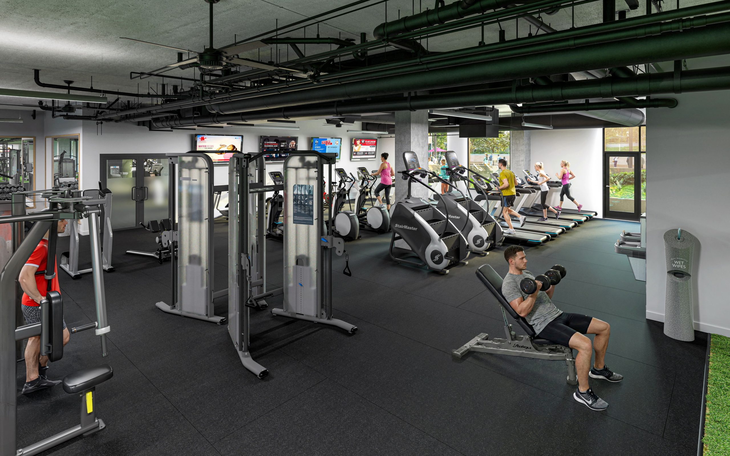 Trailside Student Living Seattle fitness facility interior rendering by Bogza.com. A fully-equipped modern gym featuring treadmills, ellipticals, stair climbers, weight machines, and a resident lifting free weights.