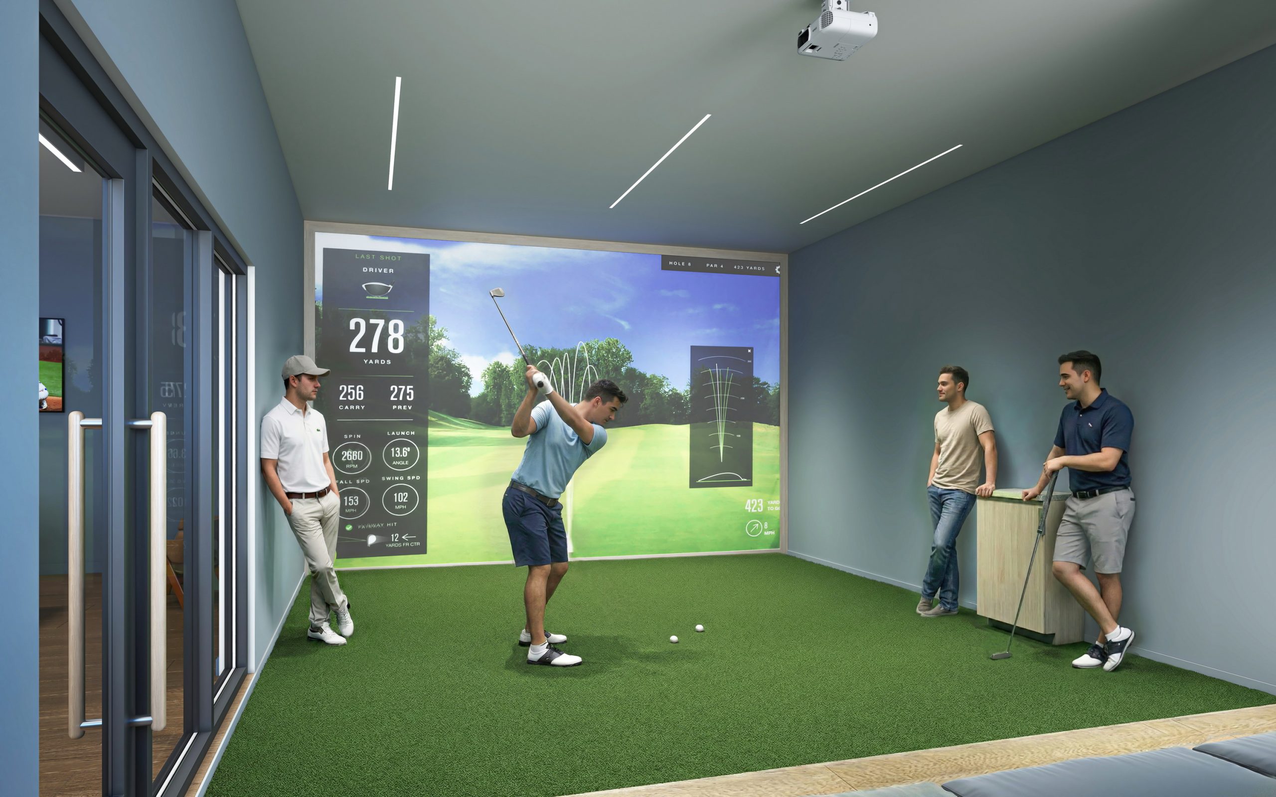 Trailside Student Living Seattle golf simulator game room interior rendering by Bogza.com. A luxury entertainment amenity space featuring residents playing indoor virtual golf on a large projector screen, set in a modern room with lounge seating.