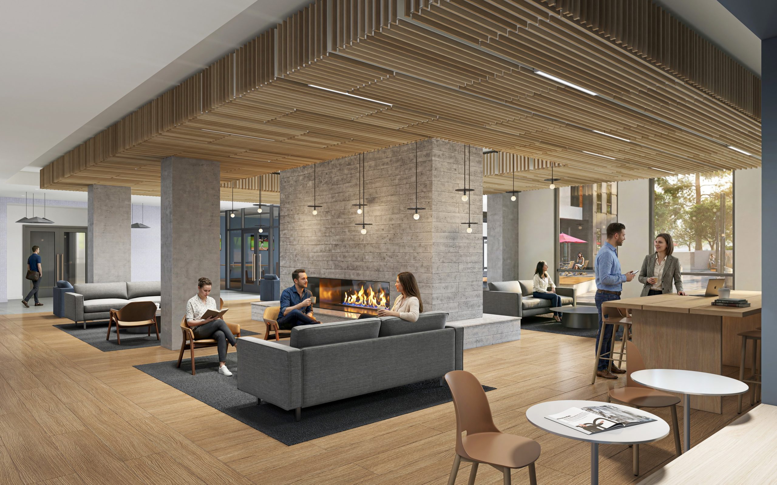 Trailside Student Living Seattle resident lounge interior rendering by Bogza.com. A bright, expansive community clubhouse featuring a modern central fireplace wrapped in stone, wood slat ceiling details, cozy lounge seating, and collaborative work tables.