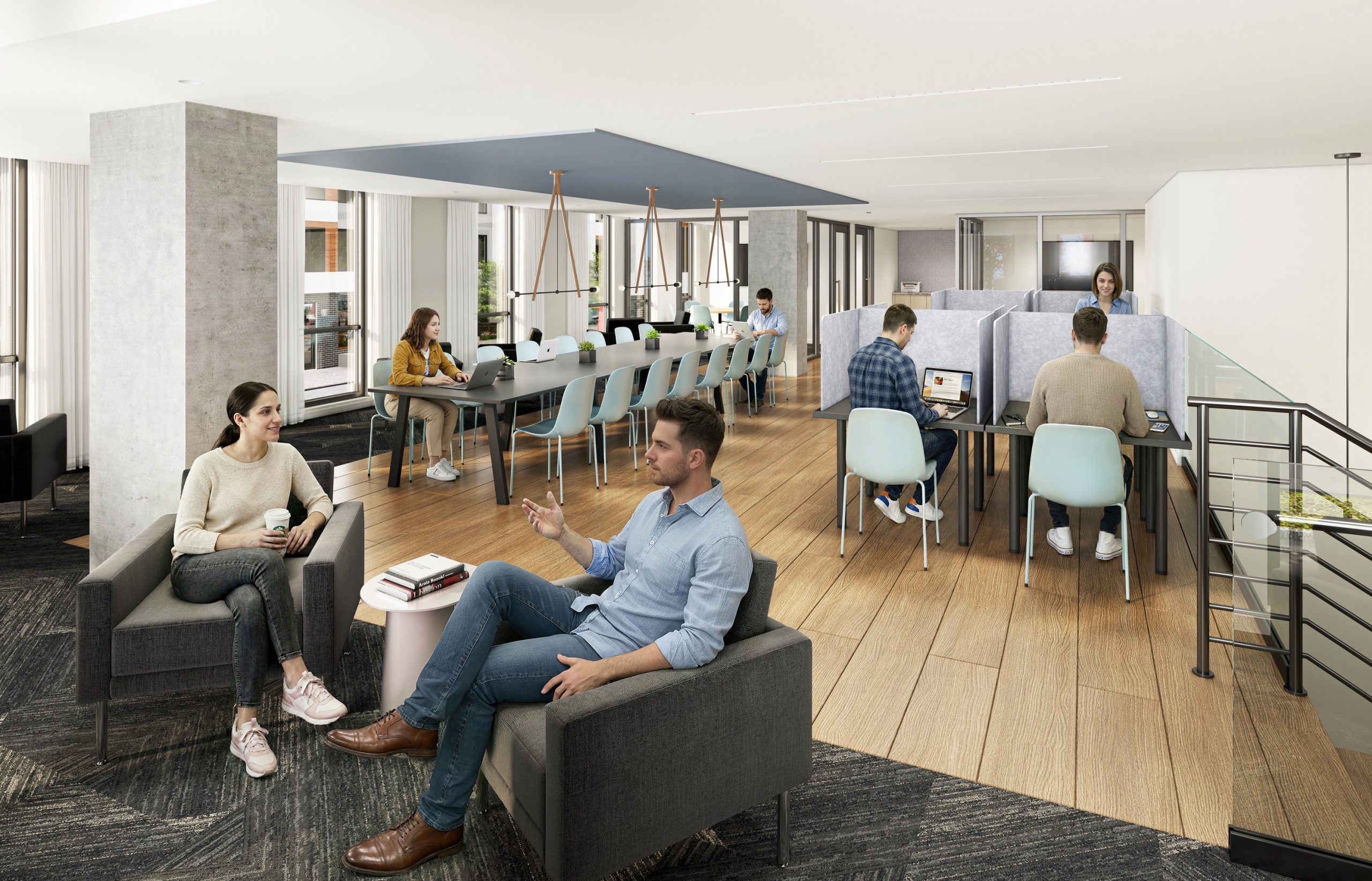 Trailside Student Living Seattle coworking and study lounge interior rendering by Bogza.com. A dedicated academic amenity space featuring semi-private study carrels, a long collaborative table, modern lounge chairs, and university students working on laptops.