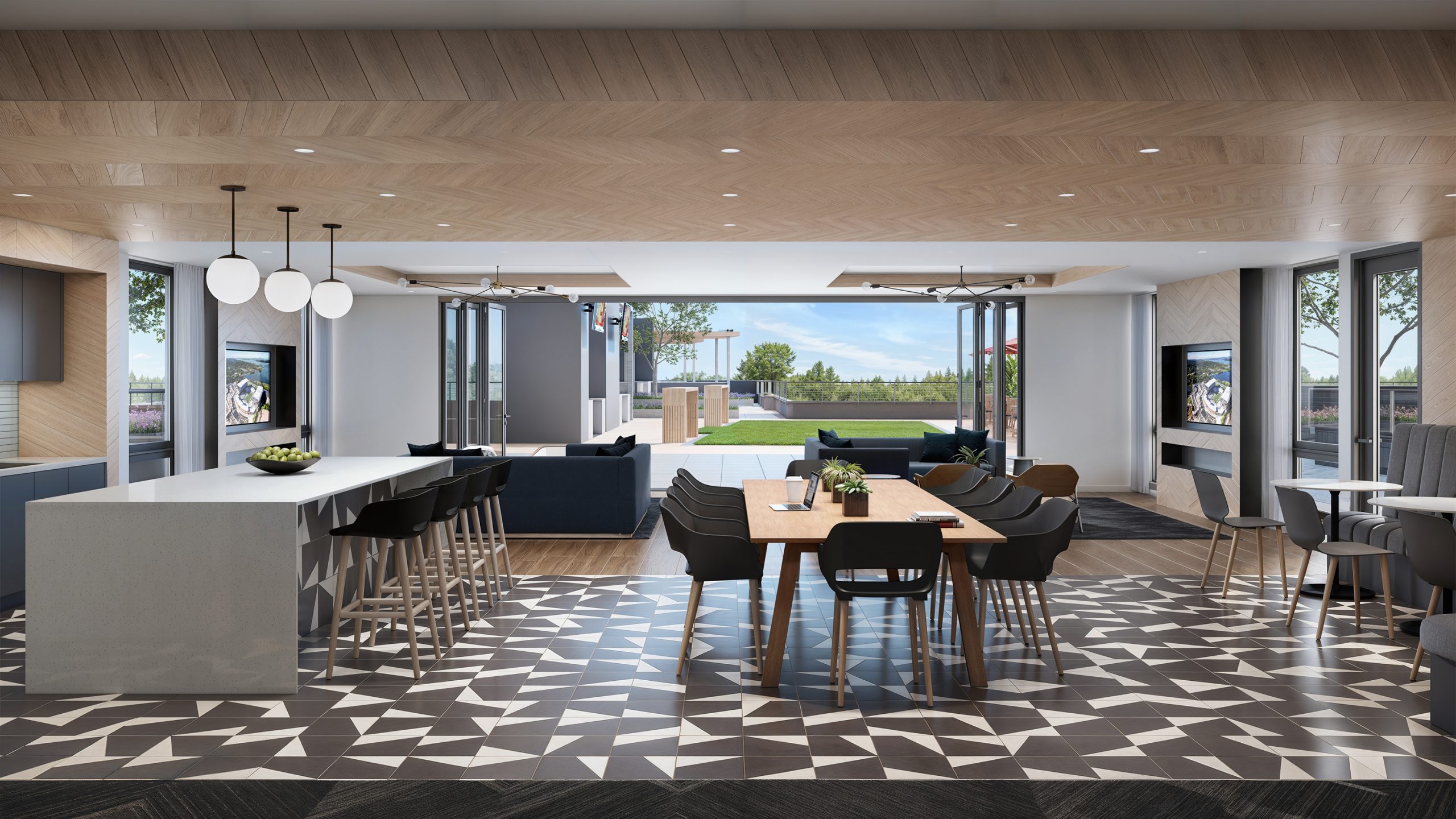 Trailside Student Living Seattle rooftop clubhouse interior rendering by Bogza.com. A bright indoor-outdoor amenity space featuring a modern kitchen island with bar seating, large collaborative tables, a comfortable lounge area, and glass doors opening to the outdoor sky deck.