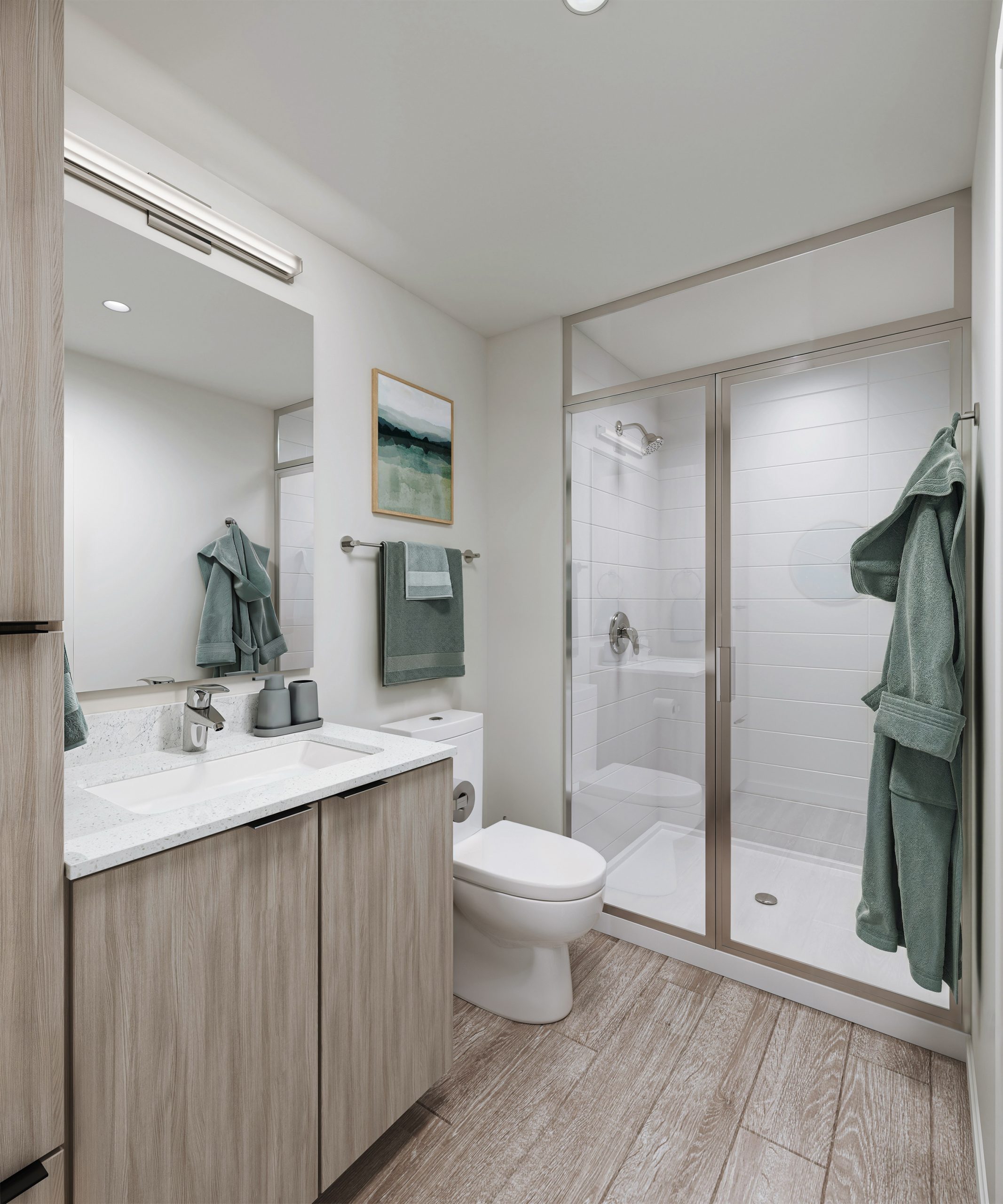 Trailside Student Living Seattle apartment bathroom interior rendering by Bogza.com. A bright, contemporary private bathroom featuring a white quartz vanity, light wood cabinetry, a large mirror, and a seamless glass walk-in shower with white tile surrounds.