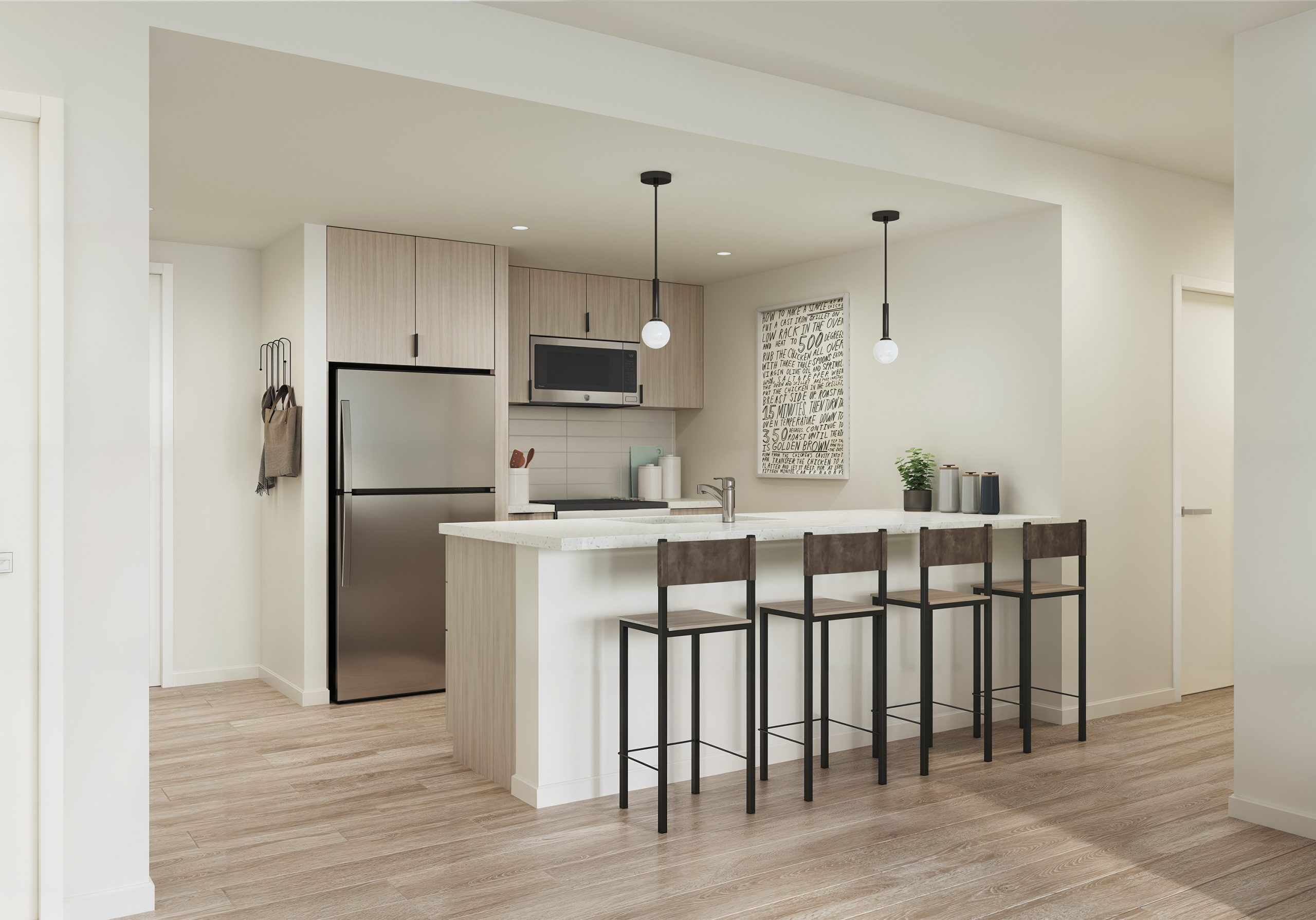 Trailside Student Living Seattle modern apartment kitchen interior rendering by Bogza.com. A stylish, open-concept living space showcasing a white quartz island with bar seating, light wood flat-panel cabinetry, stainless steel appliances, and hardwood flooring.
