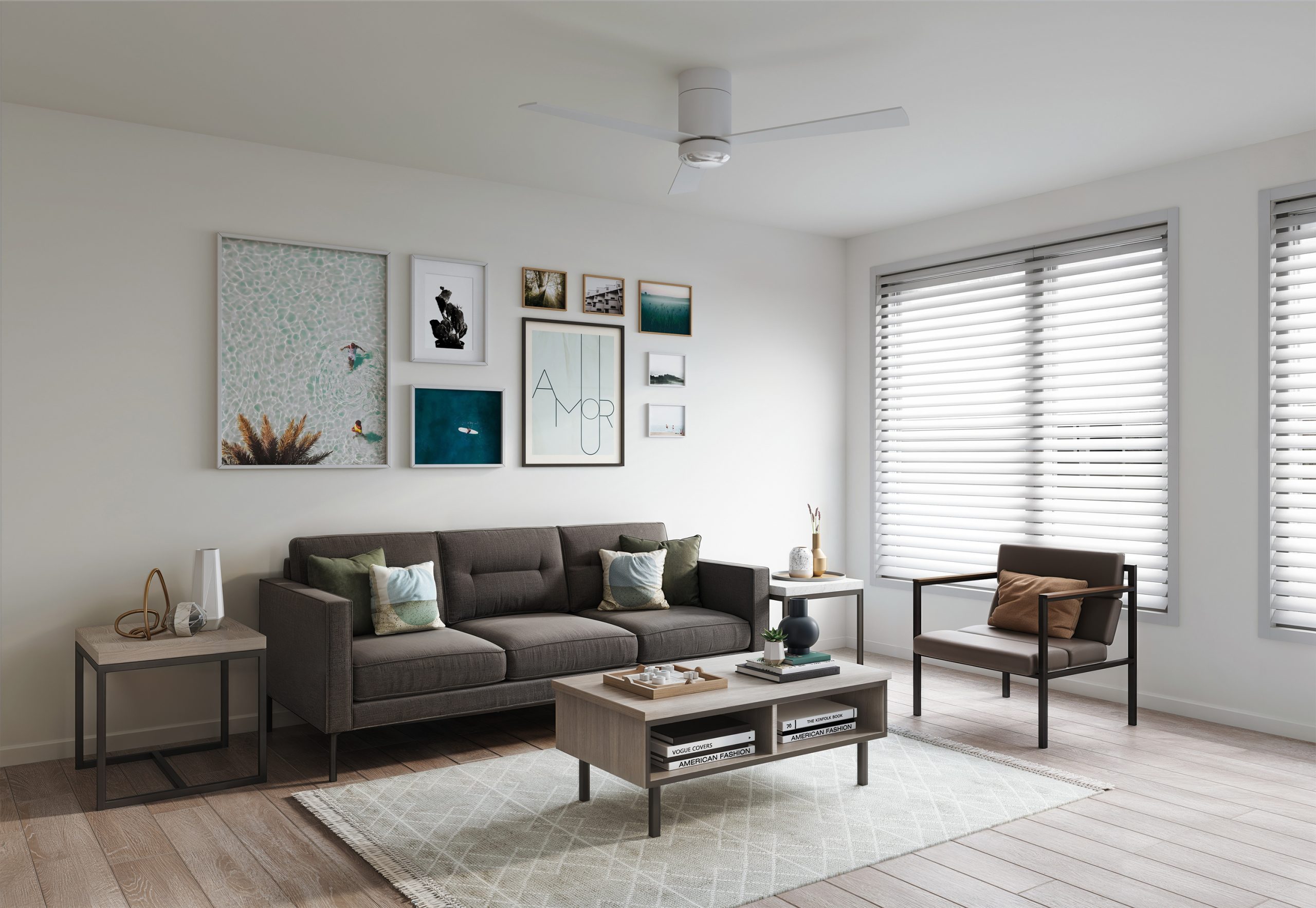 Trailside Student Living Seattle apartment living room interior rendering by Bogza.com. A comfortable, modern student residence featuring hardwood floors, a grey sofa, a stylish accent chair, a coffee table, and a gallery wall of framed art.