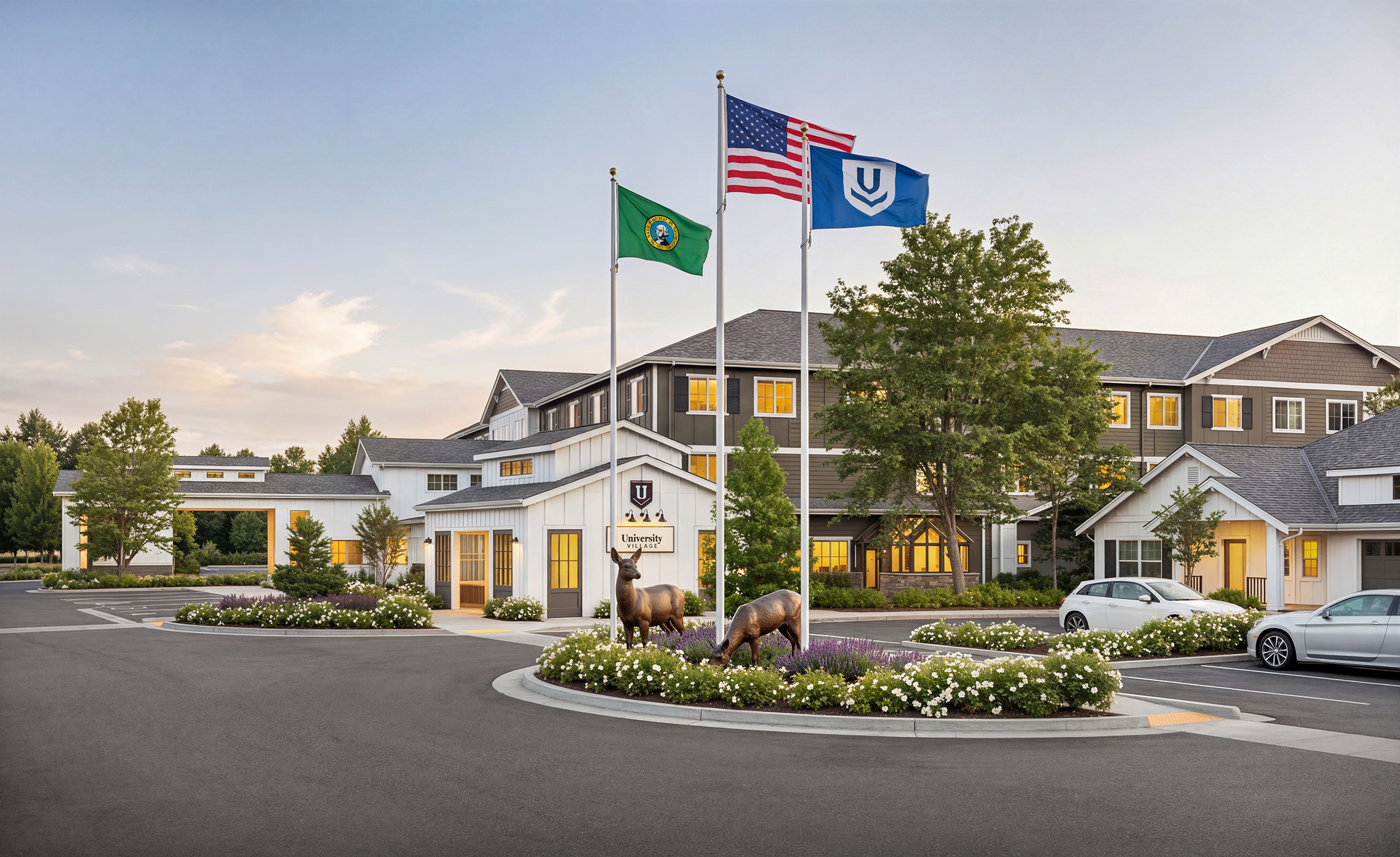 University Village retirement community campus architectural exterior rendering by Bogza.com. A twilight view of the elegant senior living property featuring three flagpoles, manicured gardens, a bronze deer sculpture, and classic architectural details.