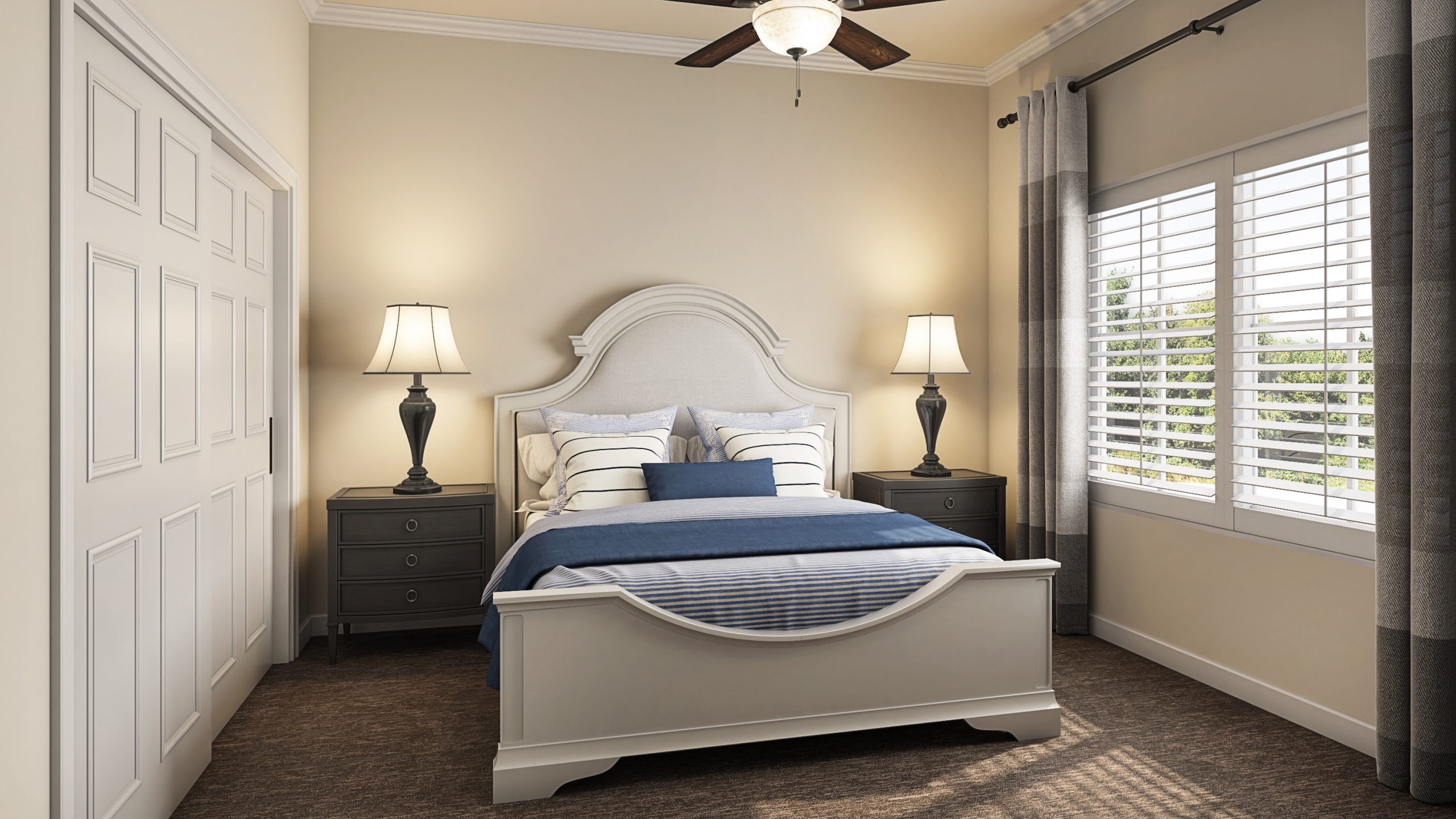 University Village senior living luxury apartment bedroom interior rendering by Bogza.com. A cozy, classic private residence featuring a comfortable bed with a white headboard, dark wood nightstands, warm ambient lighting, and large windows with plantation shutters.