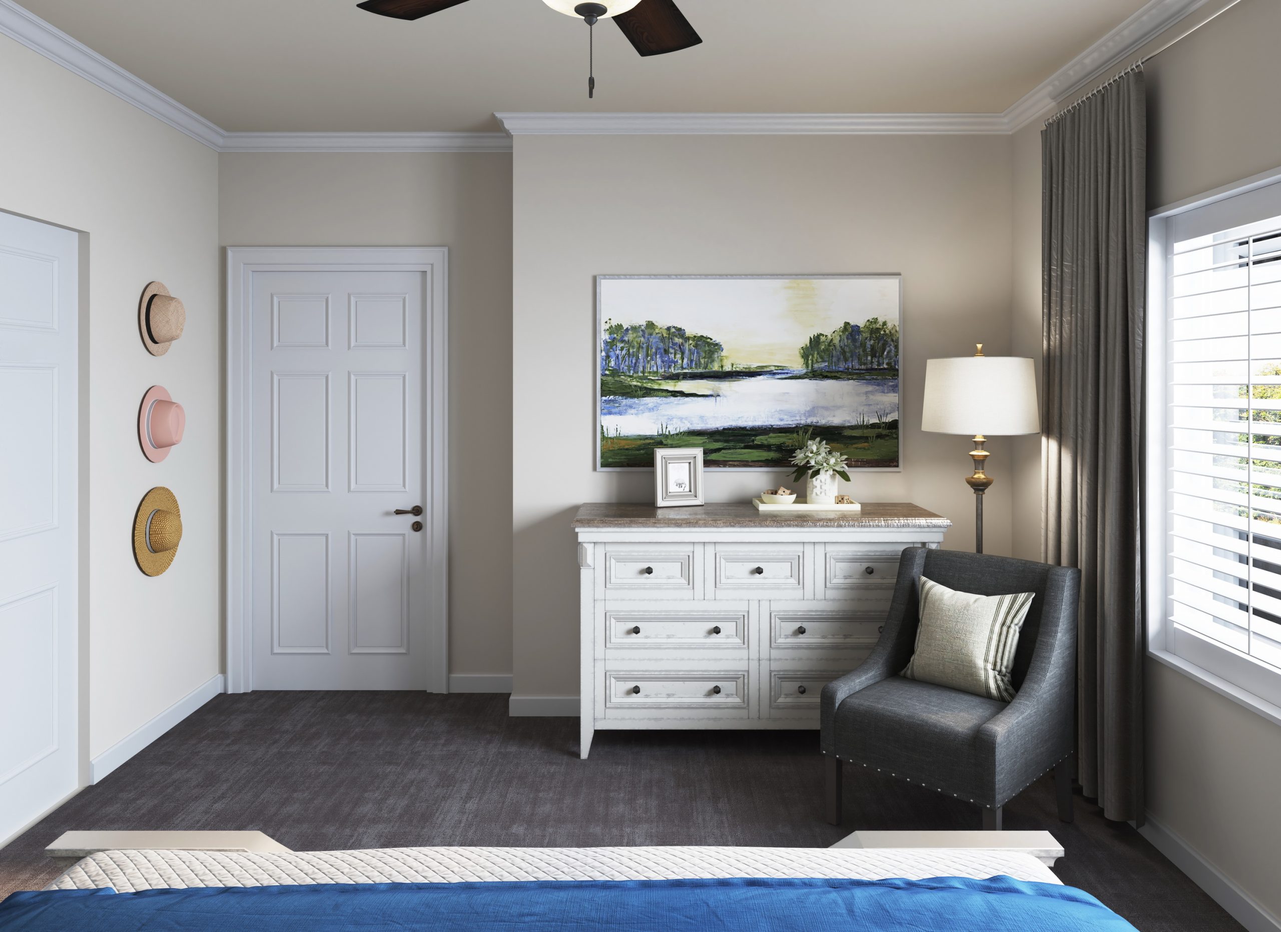 University Village senior living private residence bedroom interior architectural rendering by Bogza.com. A comfortable, elegant bedroom featuring a large bed with a blue runner, a distressed wood dresser, a cozy reading chair, and natural light from large windows.