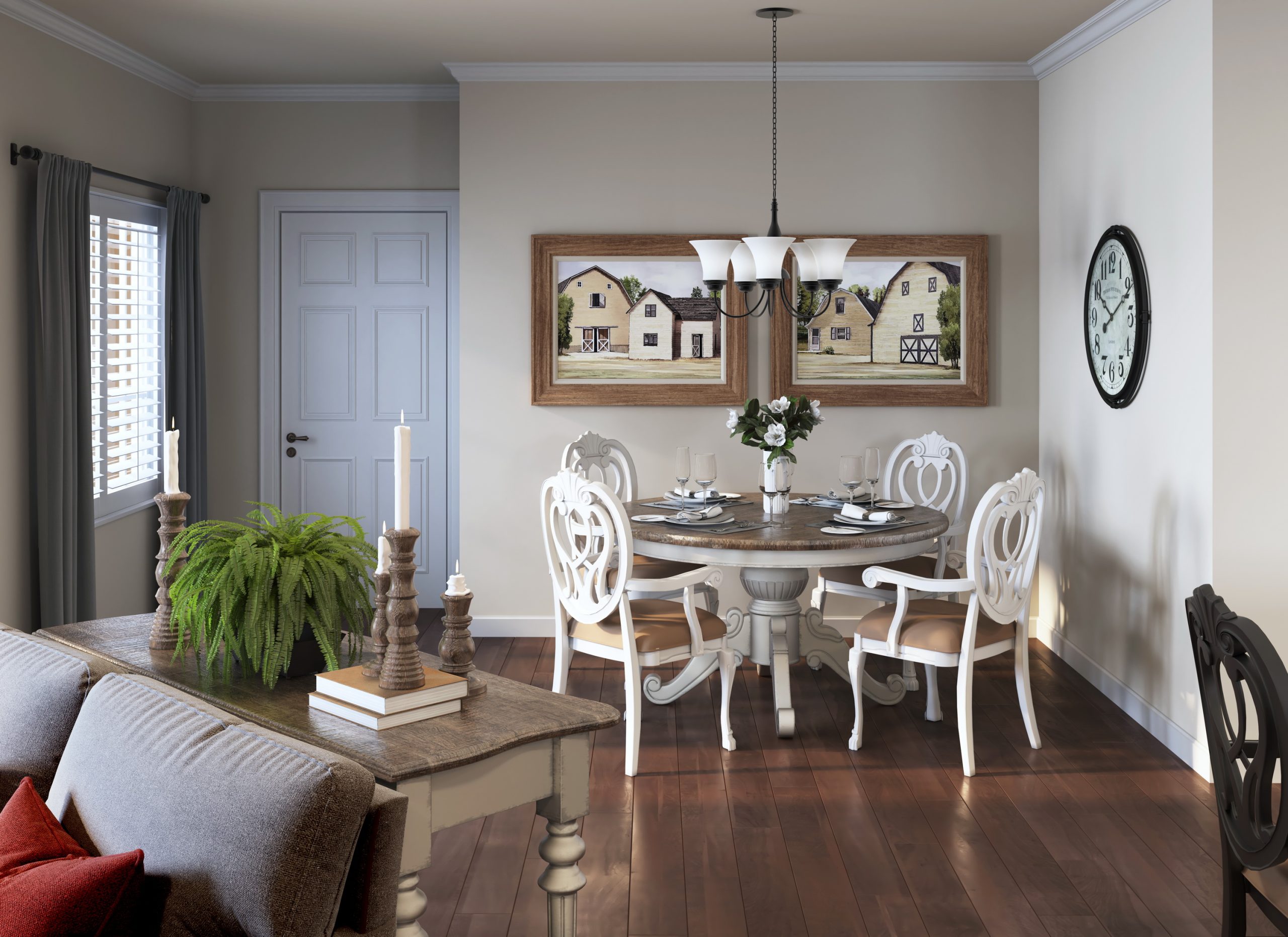 University Village luxury senior living dining room interior rendering by Bogza.com. An elegant open floor plan featuring a round wooden dining table with classic white chairs, a stylish chandelier, wood-style flooring, and adjacent lounge seating.
