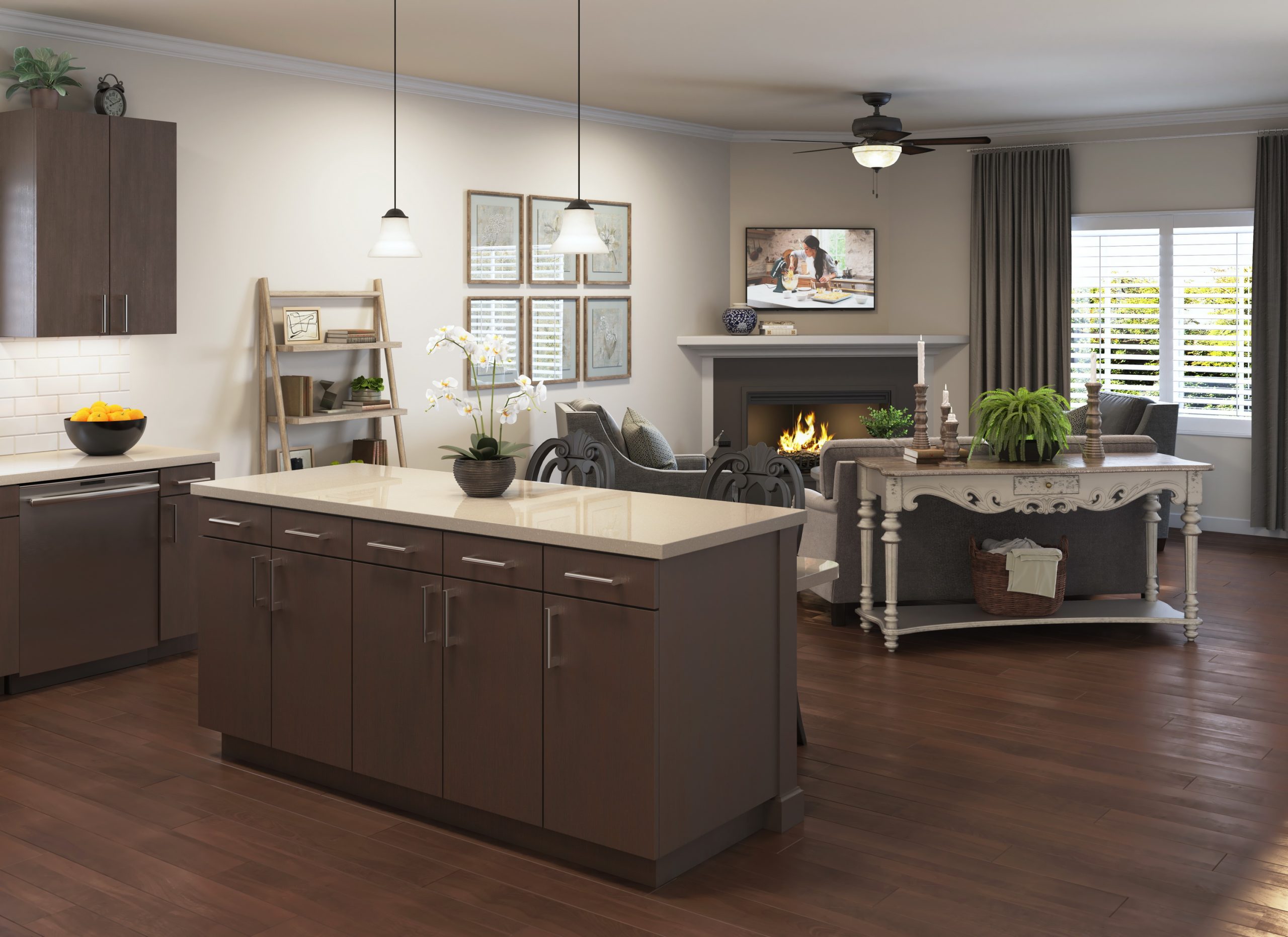 University Village luxury retirement community apartment interior rendering by Bogza.com. A spacious, bright private residence featuring a modern kitchen island with quartz countertops, dark cabinetry, wood-style flooring, and a cozy living room with a fireplace.