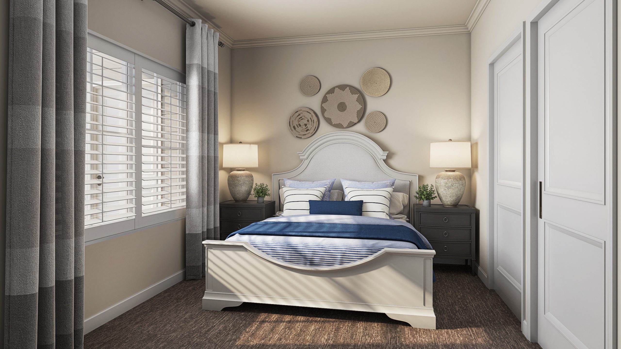 University Village retirement community bedroom interior rendering by Bogza.com. A classic, elegant private bedroom featuring a white arched bed, rustic bedside lamps, woven wall decor, carpeted flooring, and a large window.