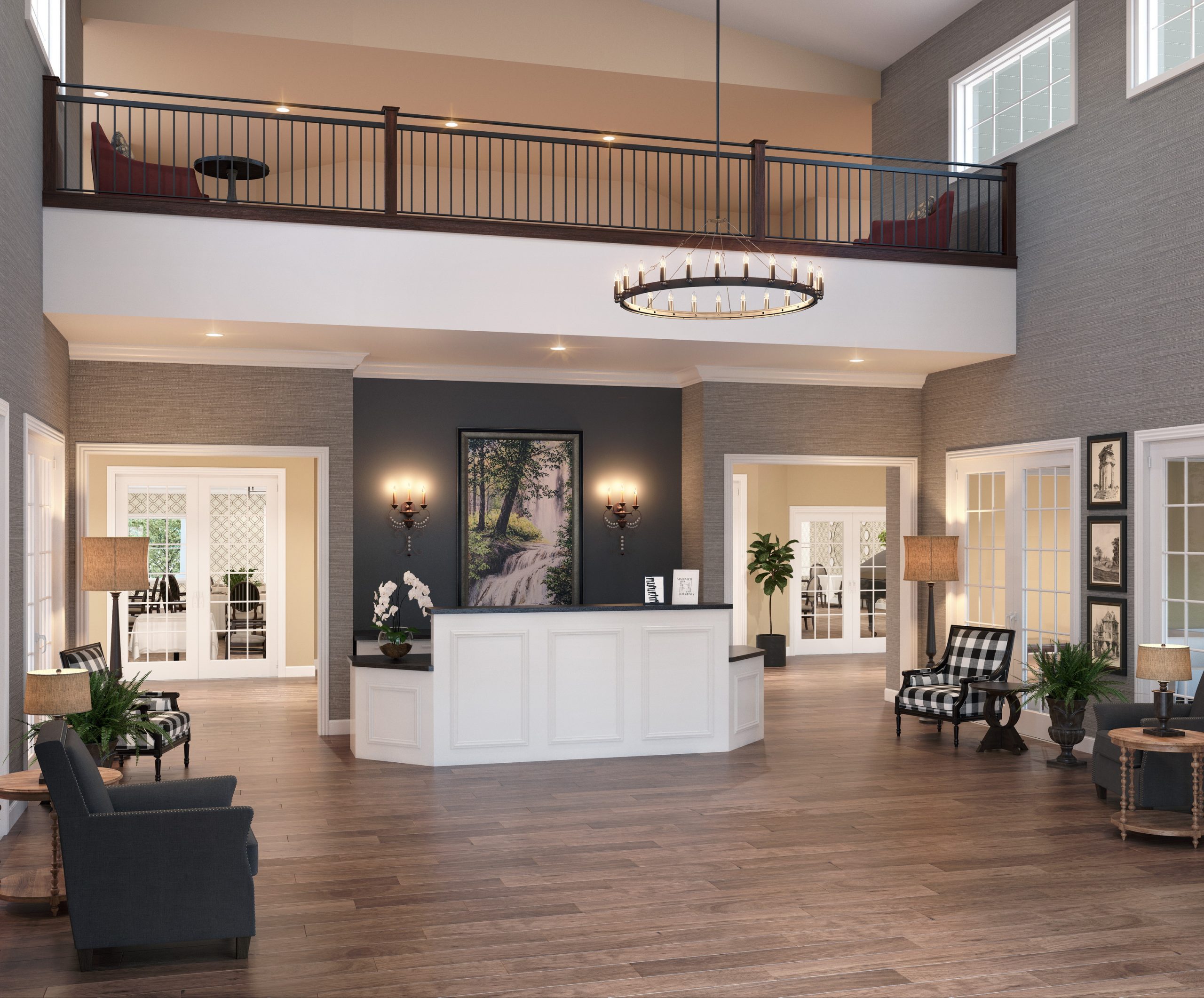 University Village senior living community luxury lobby and reception interior rendering by Bogza.com. A bright, double-height entrance featuring a classic white concierge desk, a prominent indoor balcony, elegant chandeliers, and traditional lounge seating.
