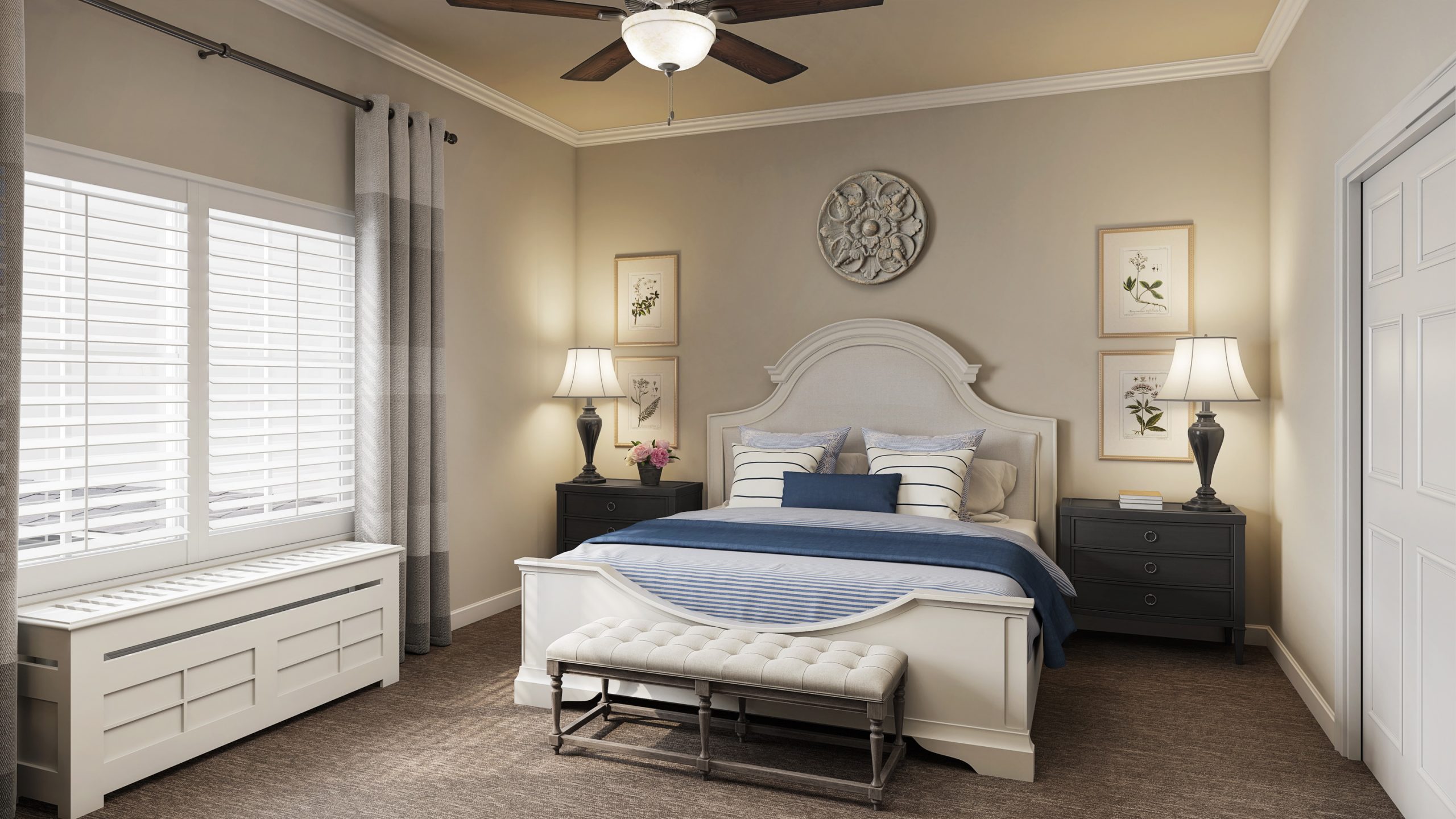 University Village senior living primary bedroom interior architectural rendering by Bogza.com. A serene, elegant private suite showcasing a large comfortable bed with blue accents, dark wood nightstands with classic lamps, carpeted floors, and warm natural light.