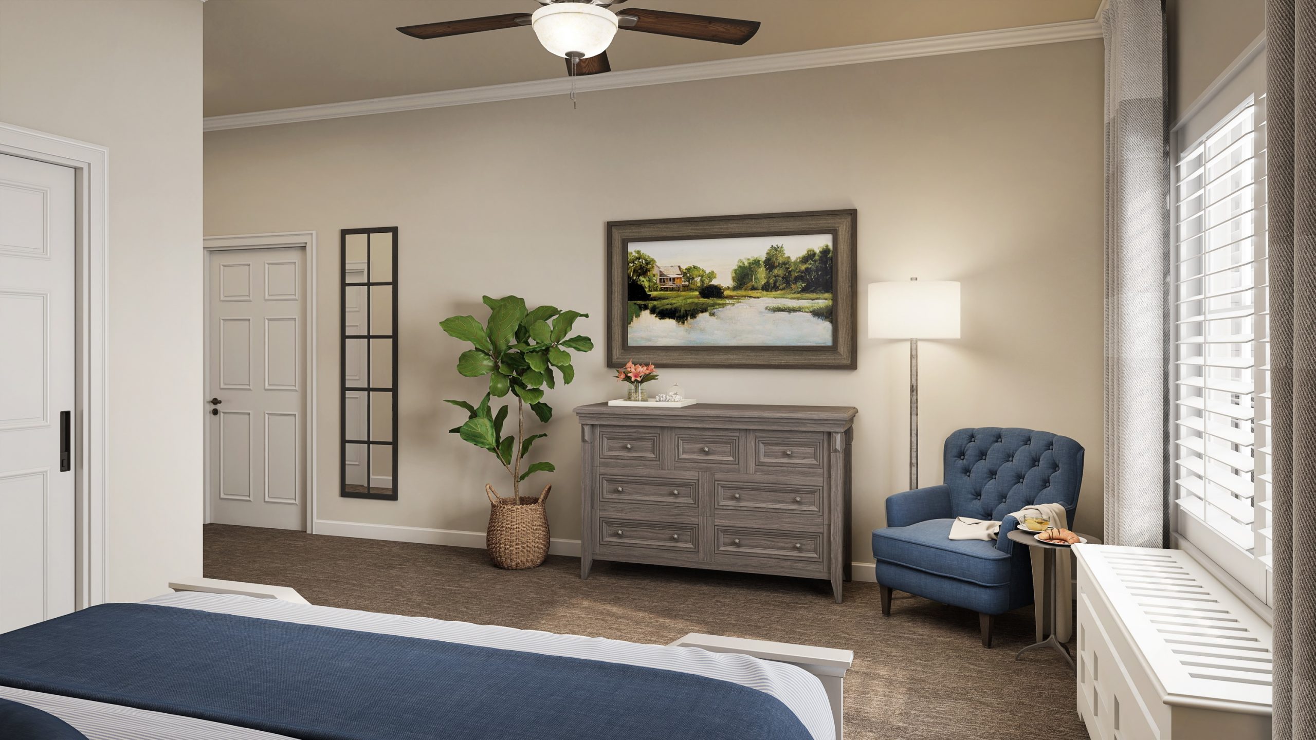University Village retirement community apartment bedroom interior rendering by Bogza.com. A spacious, classic private bedroom featuring a comfortable bed, a distressed grey dresser displaying landscape art, a cozy blue reading chair, and large windows with plantation shutters.