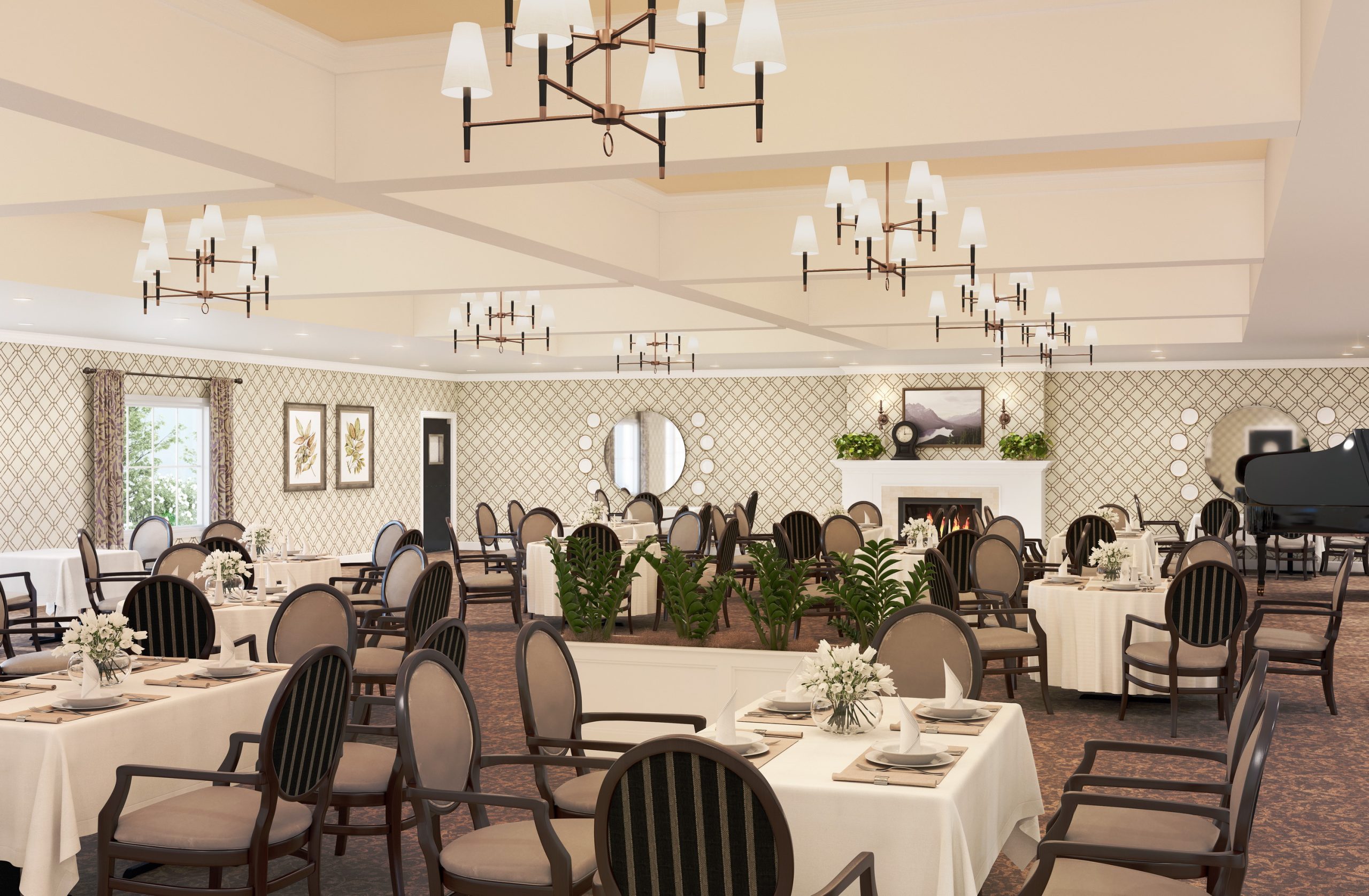 University Village senior living luxury dining room interior architectural rendering by Bogza.com. An elegant, formal restaurant space featuring classic round tables set with white linens, upholstered chairs, modern chandeliers, and a black grand piano.