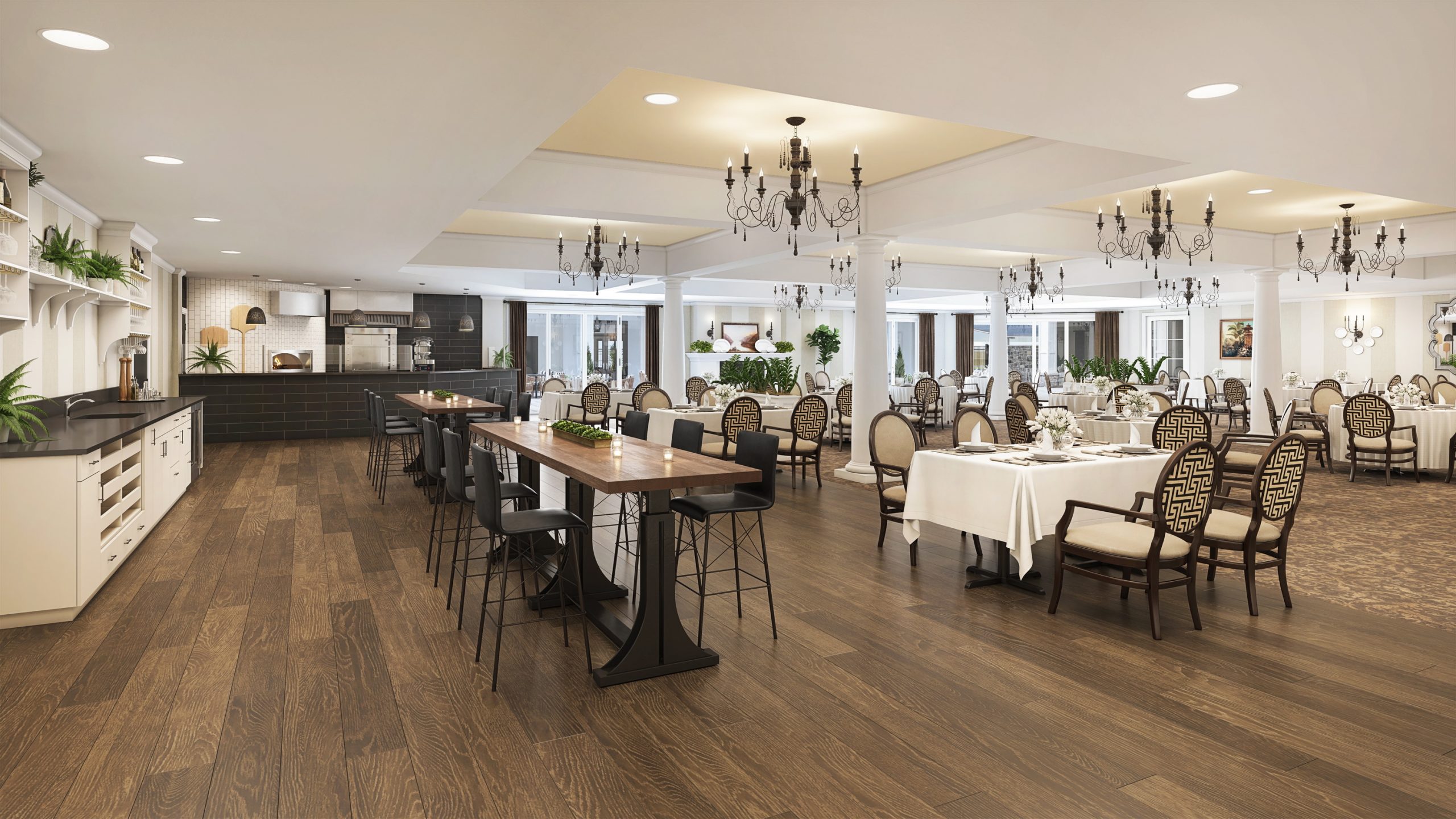 University Village senior living casual dining and bistro interior rendering by Bogza.com. A bright, expansive restaurant amenity featuring a rustic high-top communal table, elegant dining seating, and an open display kitchen with a stone pizza oven.