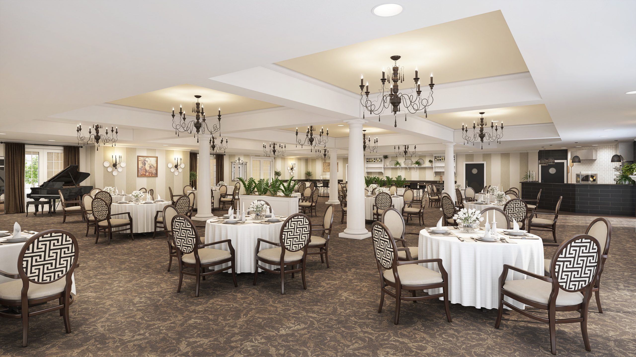 University Village retirement community formal dining interior architectural rendering by Bogza.com. A spacious, elegant restaurant space for senior residents, showcasing tables set with white linens, classic upholstered chairs, traditional chandeliers, and a warm, inviting atmosphere.