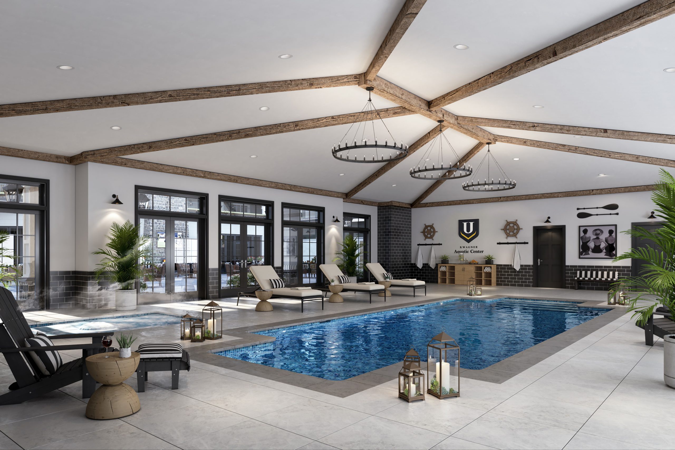 University Village senior living indoor pool and K. Wagner Aquatic Center interior rendering by Bogza.com. A bright wellness amenity featuring a large swimming pool, an adjacent hot tub, comfortable lounge chairs, and an exposed wood-beamed ceiling.