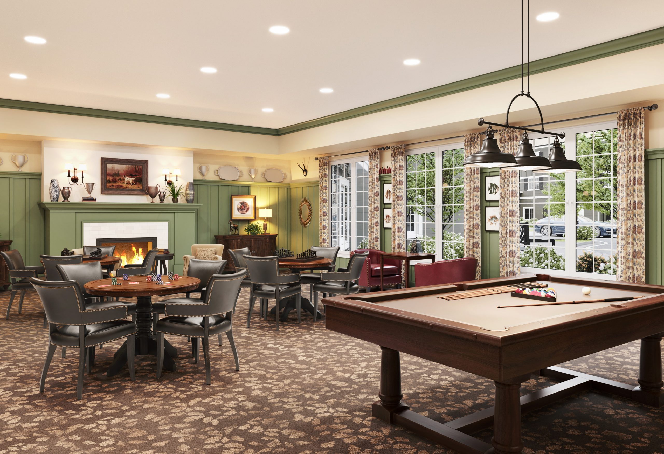 University Village senior living billiards and game room interior rendering by Bogza.com. A classic, elegant social lounge featuring a wooden pool table, round card tables with leather chairs, green wainscoting, and a warm stone fireplace.