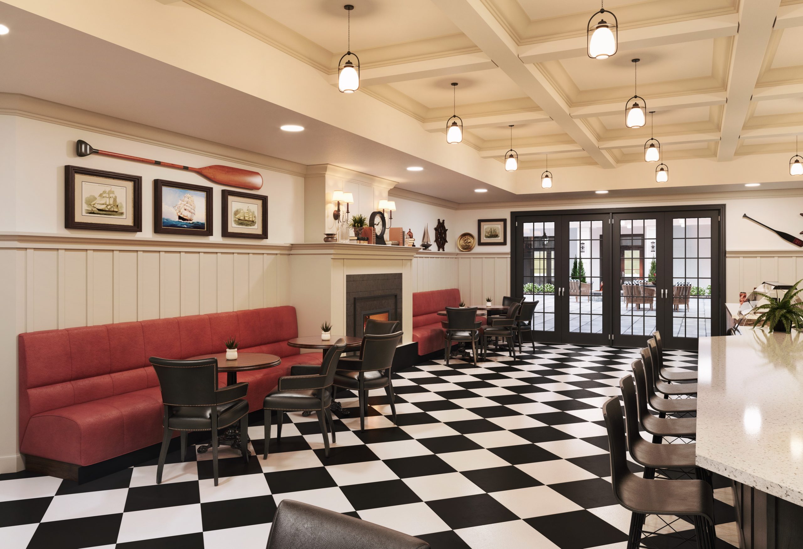 University Village senior living nautical pub and bar interior rendering by Bogza.com. A vibrant social amenity space featuring a classic black-and-white checkered floor, a long white bar, a red banquette booth, a cozy fireplace, and maritime decor including vintage oars and ship wheels.