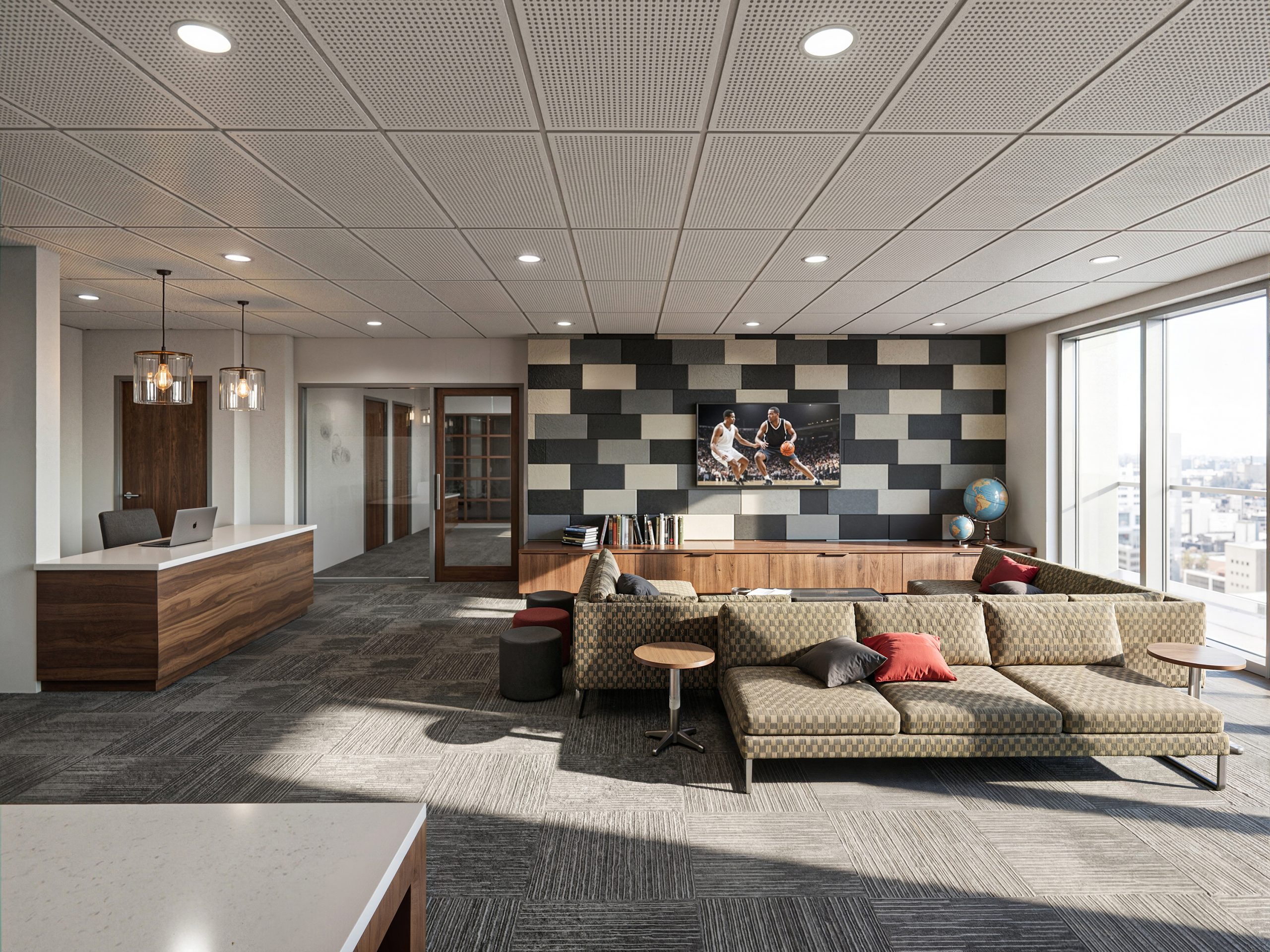 Vi Hilbert Hall Seattle University resident lounge interior architectural rendering by Bogza.com. A cozy, modern student amenity room featuring a large patterned sectional sofa, a dedicated desk area, an accent wall with geometric sound-absorbing panels and a TV, and large windows with city views.